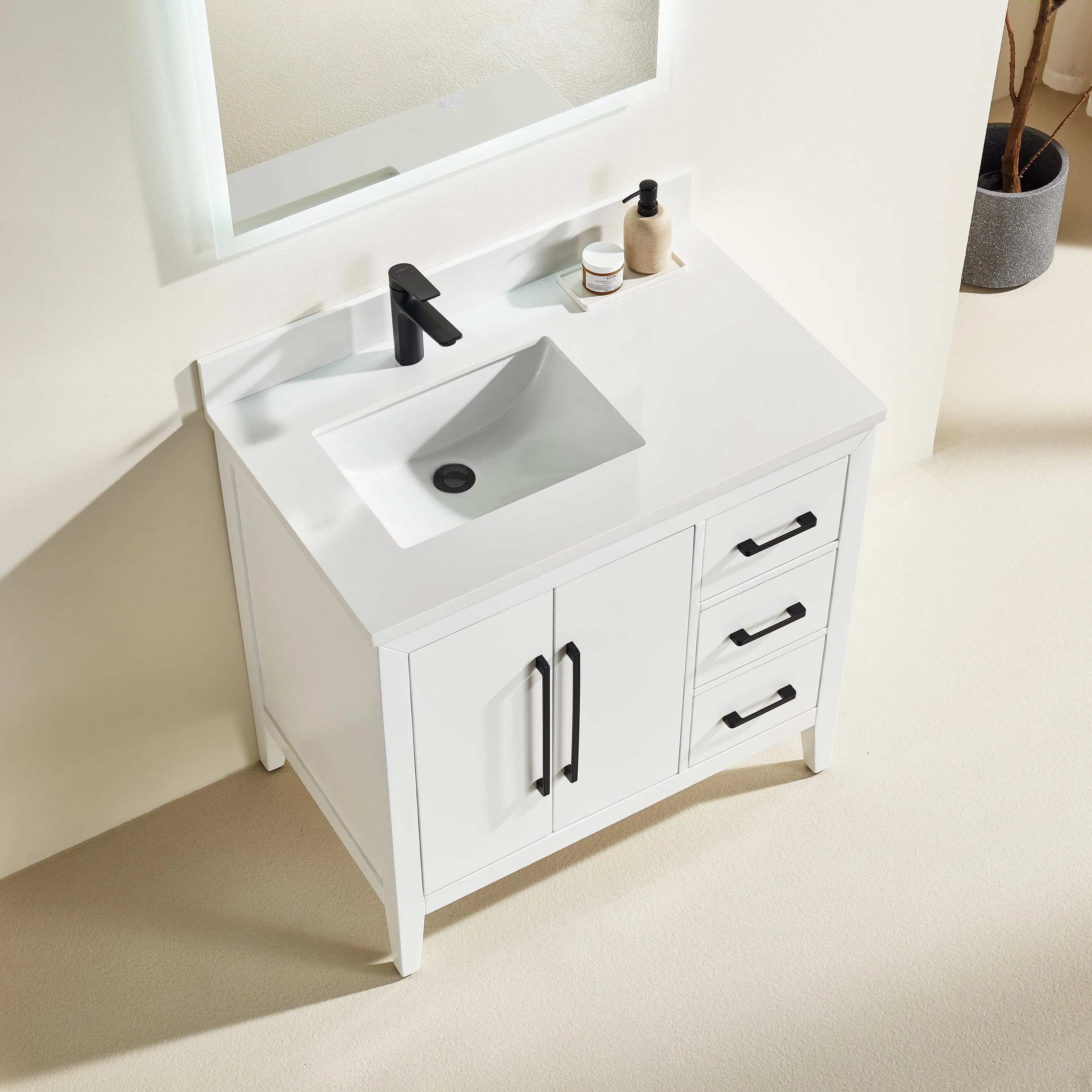 Lily - 36" White ,Right Side Drawers, Floor Standing Modern Bathroom Vanity, Quartz Countertop