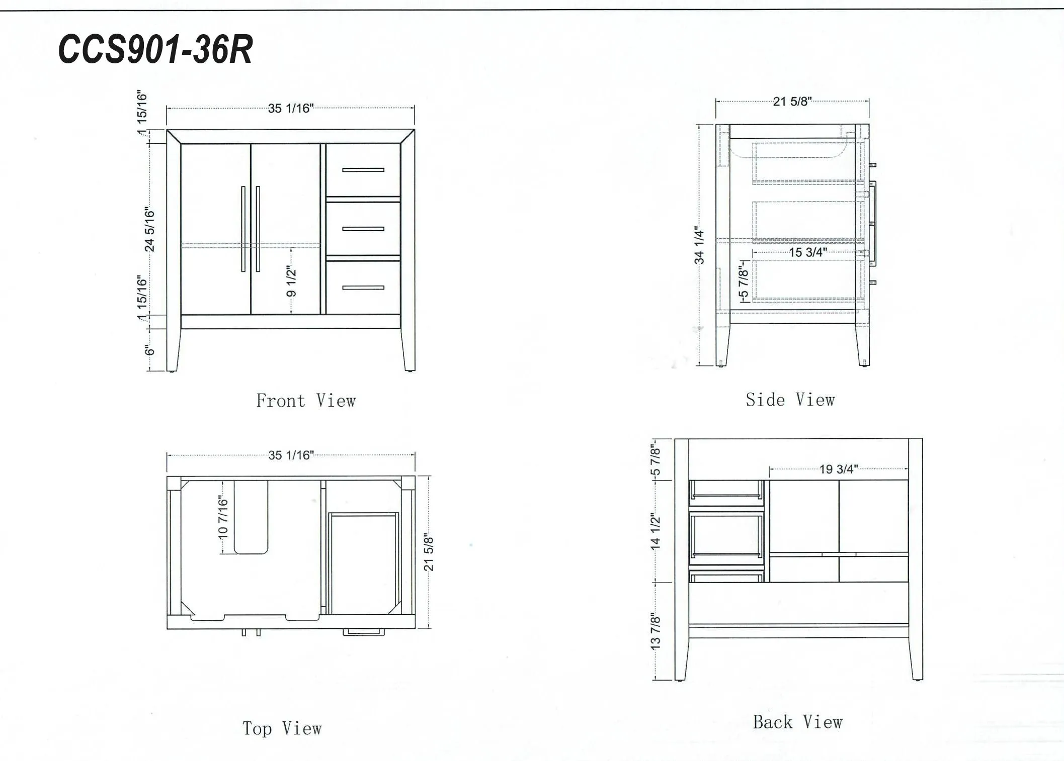 Lily - 36" White ,Right Side Drawers, Floor Standing Modern Bathroom Vanity, Quartz Countertop