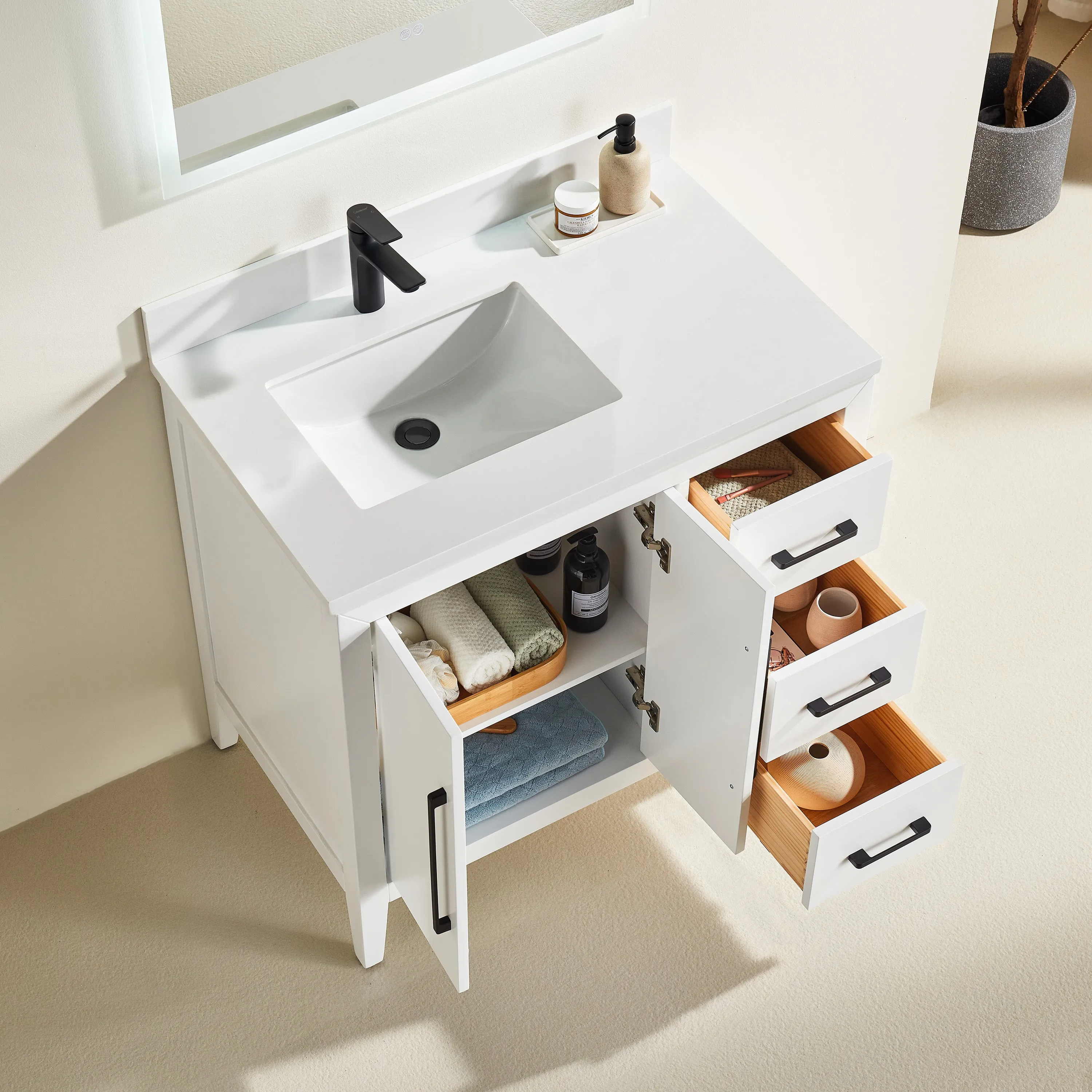 Lily - 36" White ,Right Side Drawers, Floor Standing Modern Bathroom Vanity, Quartz Countertop
