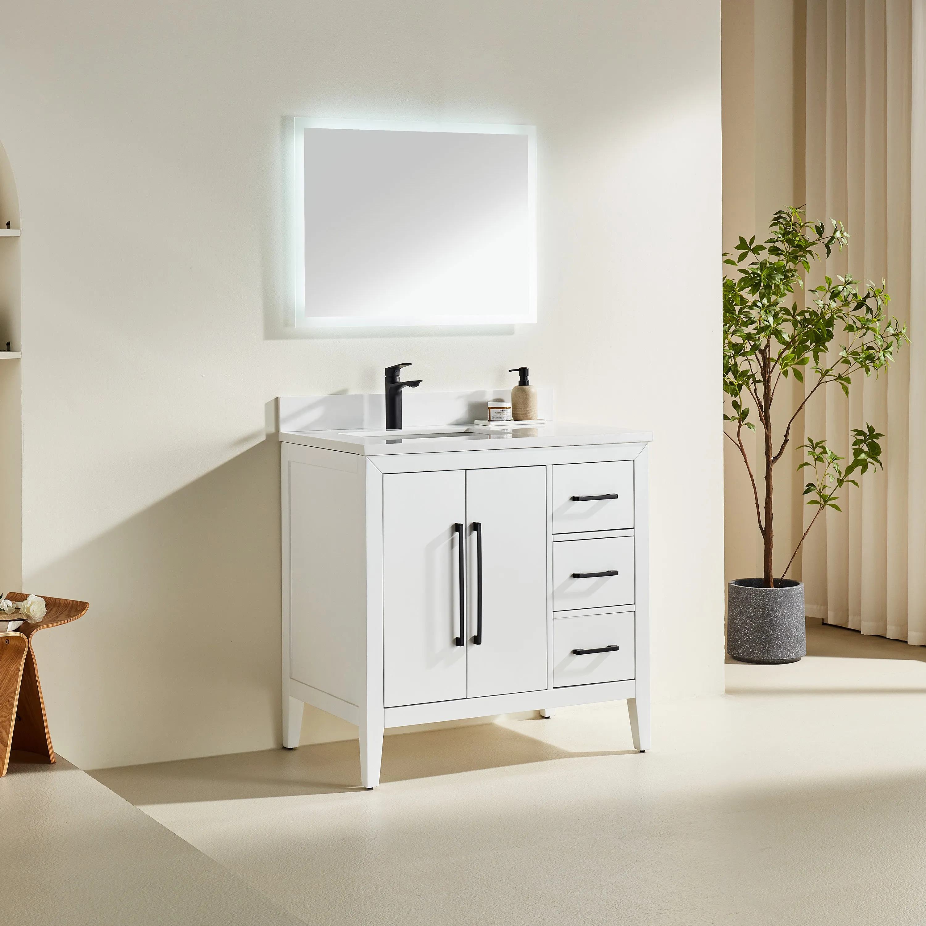 Lily - 36" White ,Right Side Drawers, Floor Standing Modern Bathroom Vanity, Quartz Countertop