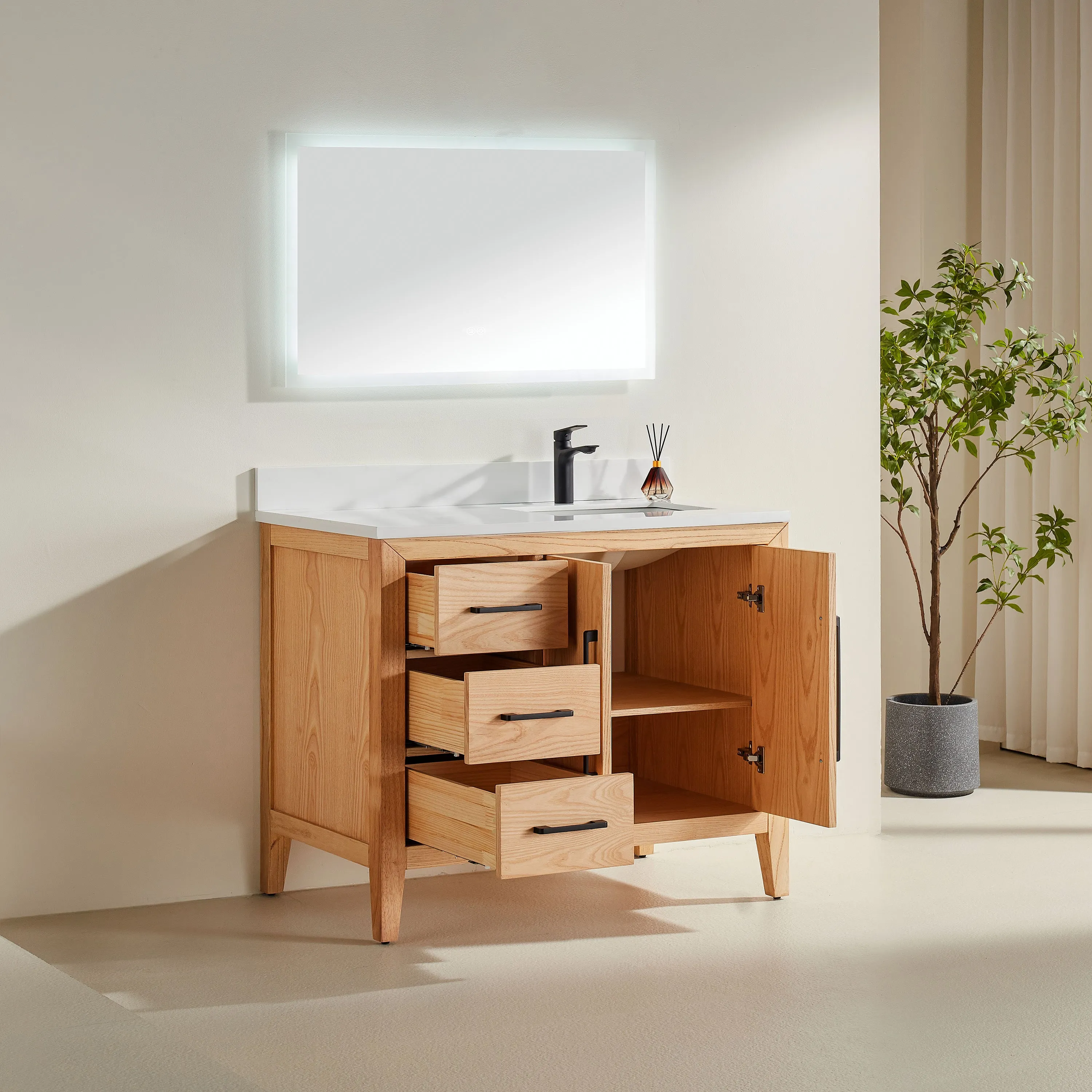 Lily - 42" White Oak , Left Side Drawers , Floor Standing Modern Bathroom Vanity, White Quartz Countertop, Matt Black Hardware