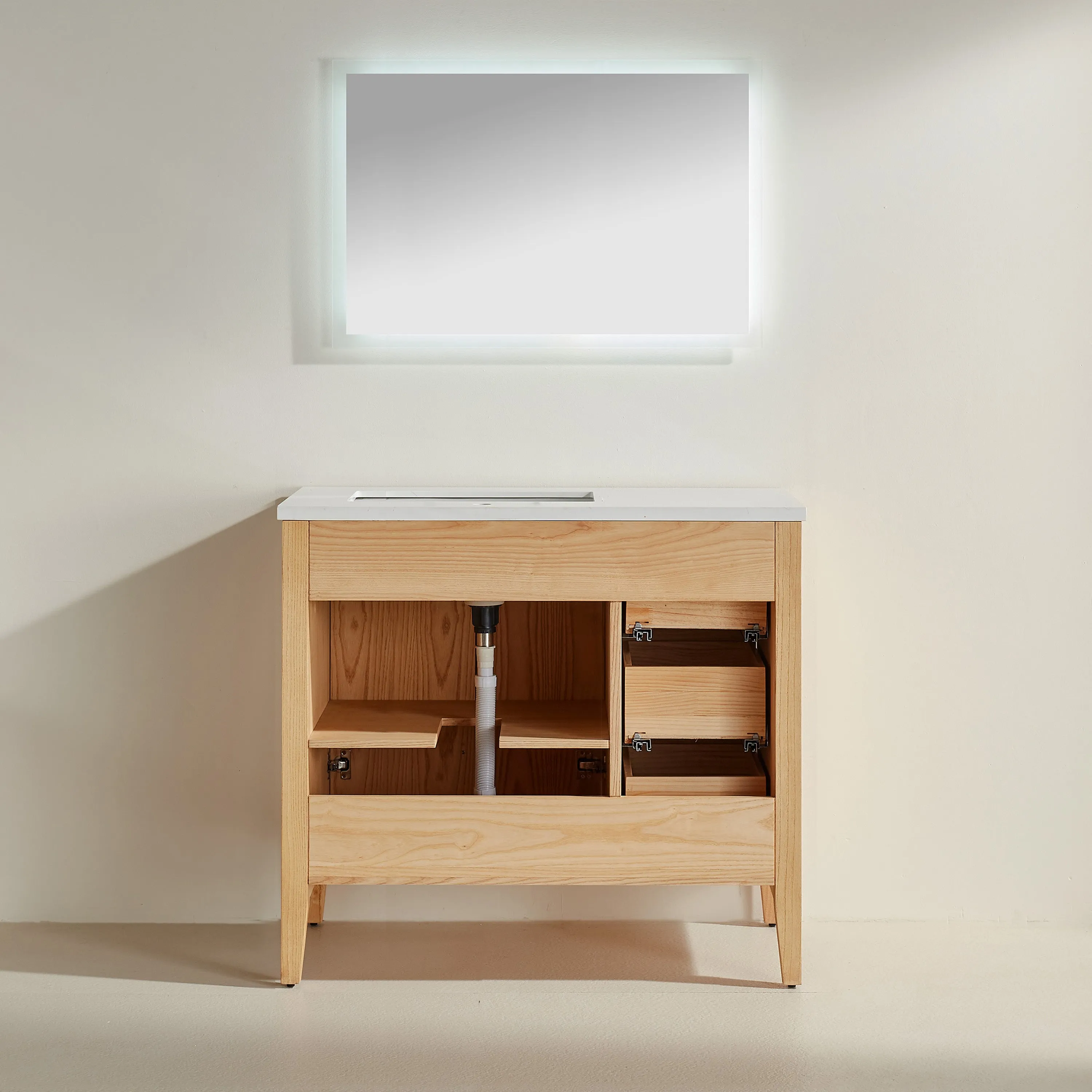 Lily - 42" White Oak , Left Side Drawers , Floor Standing Modern Bathroom Vanity, White Quartz Countertop, Matt Black Hardware