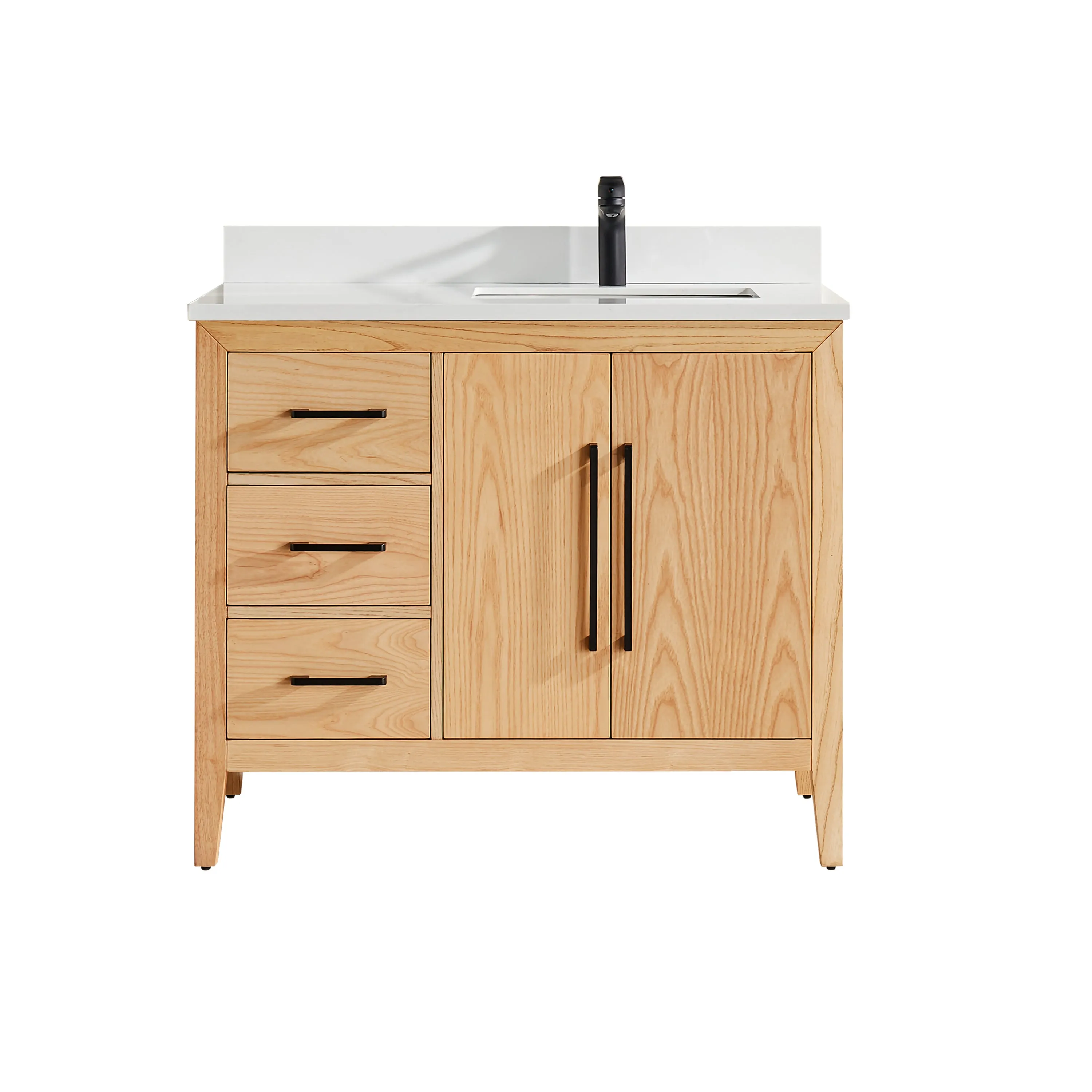 Lily - 42" White Oak , Left Side Drawers , Floor Standing Modern Bathroom Vanity, White Quartz Countertop, Matt Black Hardware