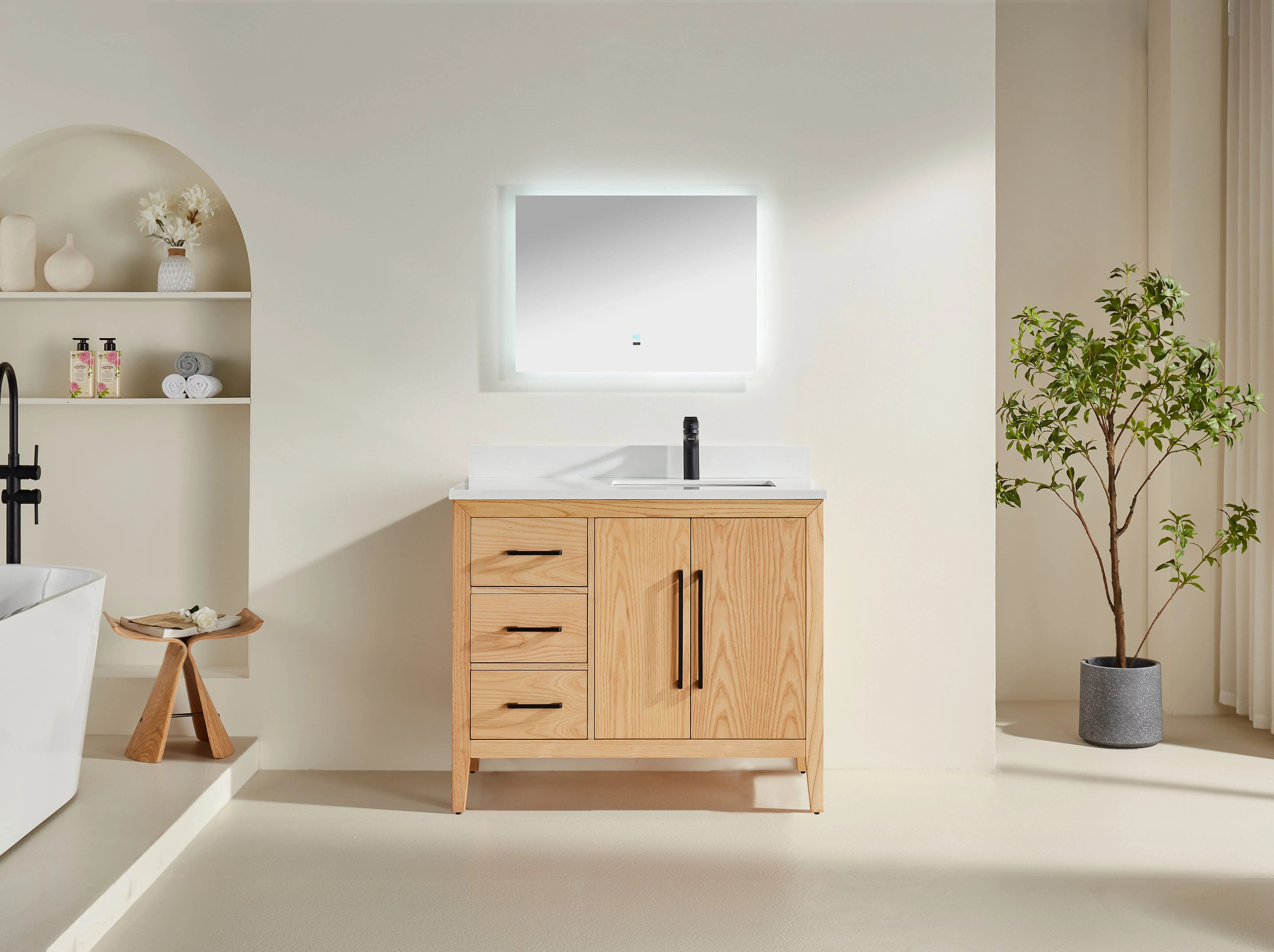 Lily - 42" White Oak , Left Side Drawers , Floor Standing Modern Bathroom Vanity, White Quartz Countertop, Matt Black Hardware