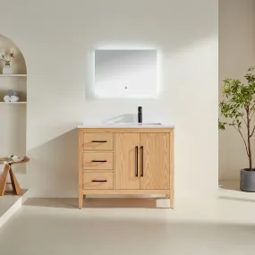 Lily - 42" White Oak , Left Side Drawers , Floor Standing Modern Bathroom Vanity, White Quartz Countertop, Matt Black Hardware
