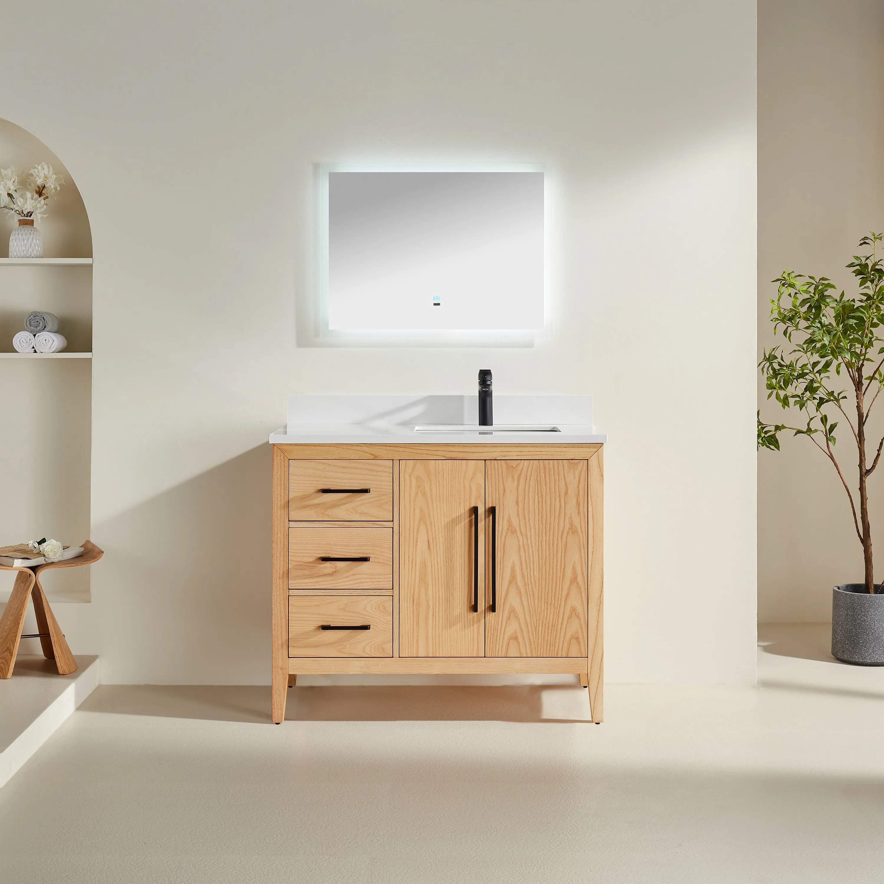 Lily - 42" White Oak , Left Side Drawers , Floor Standing Modern Bathroom Vanity, White Quartz Countertop, Matt Black Hardware