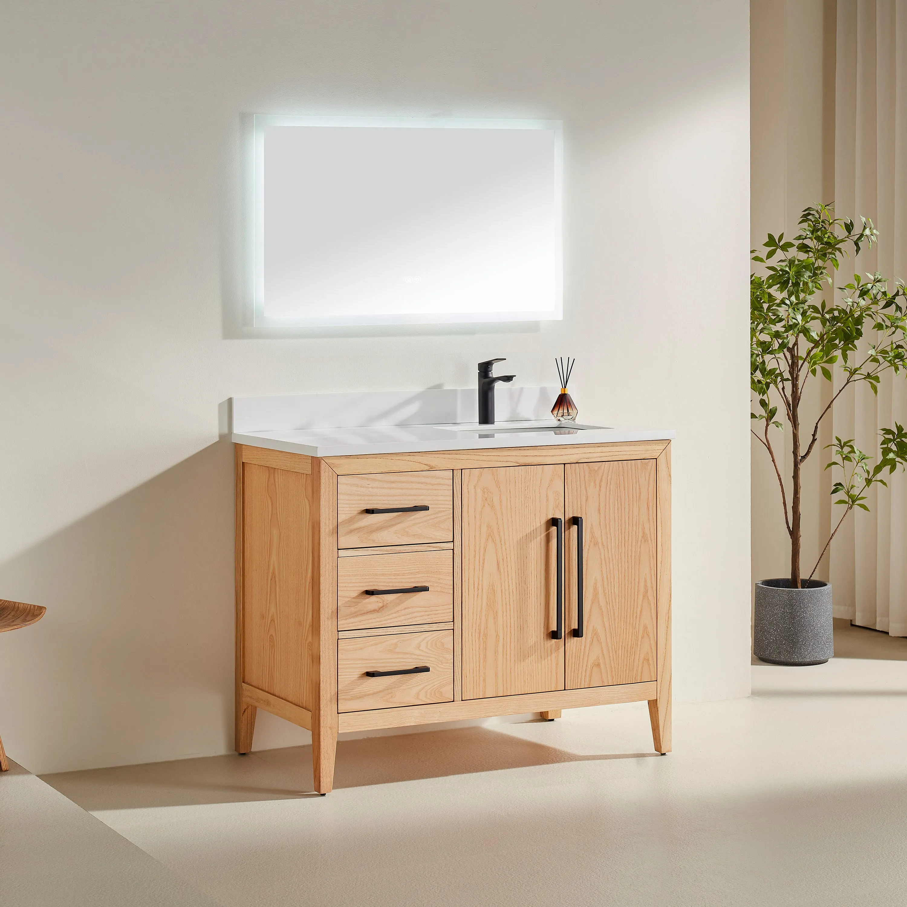 Lily - 42" White Oak , Left Side Drawers , Floor Standing Modern Bathroom Vanity, White Quartz Countertop, Matt Black Hardware
