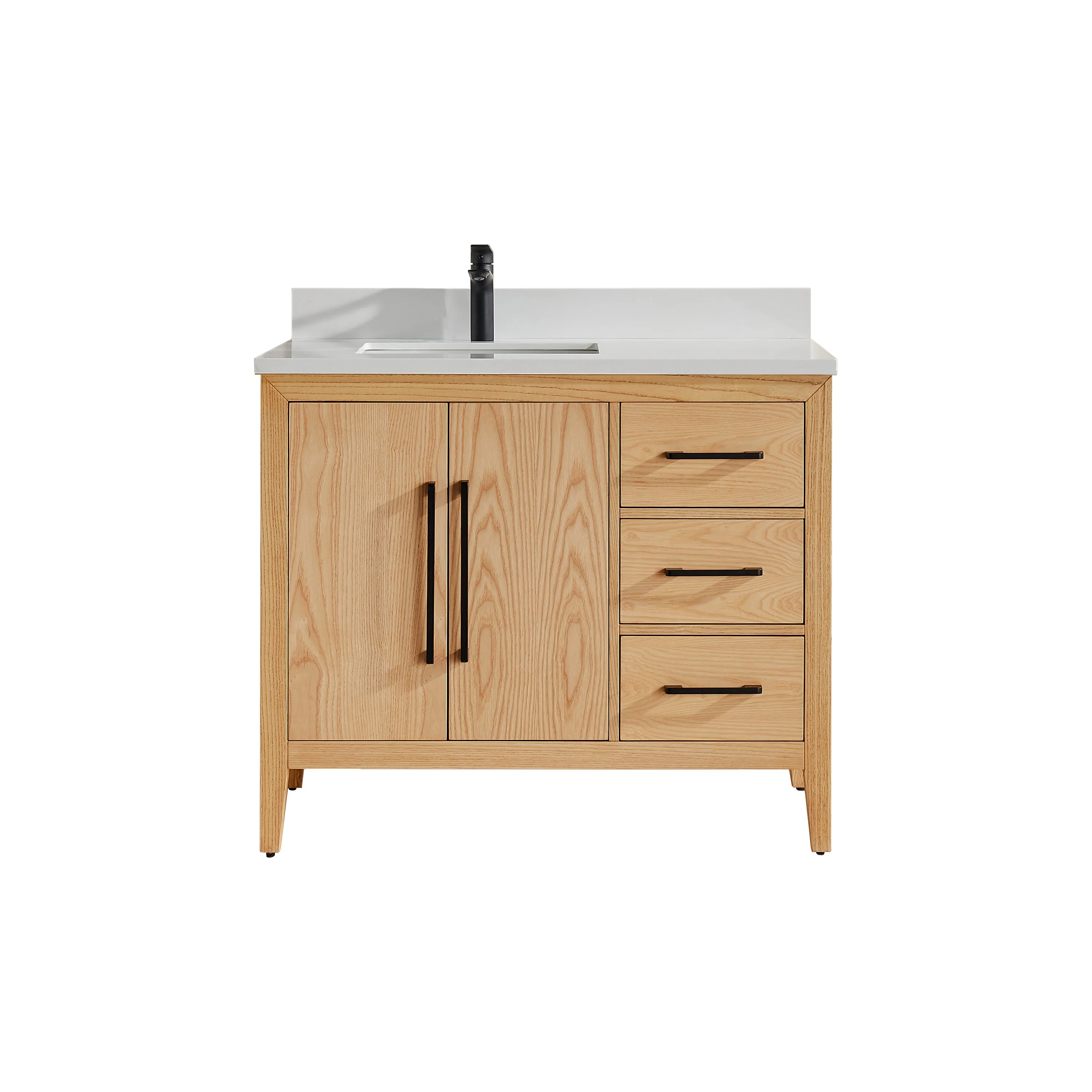 Lily- 42" White Oak ,Right Side Drawers, Floor Standing Modern Bathroom Vanity, Quartz Countertop, Matt Black Hardware