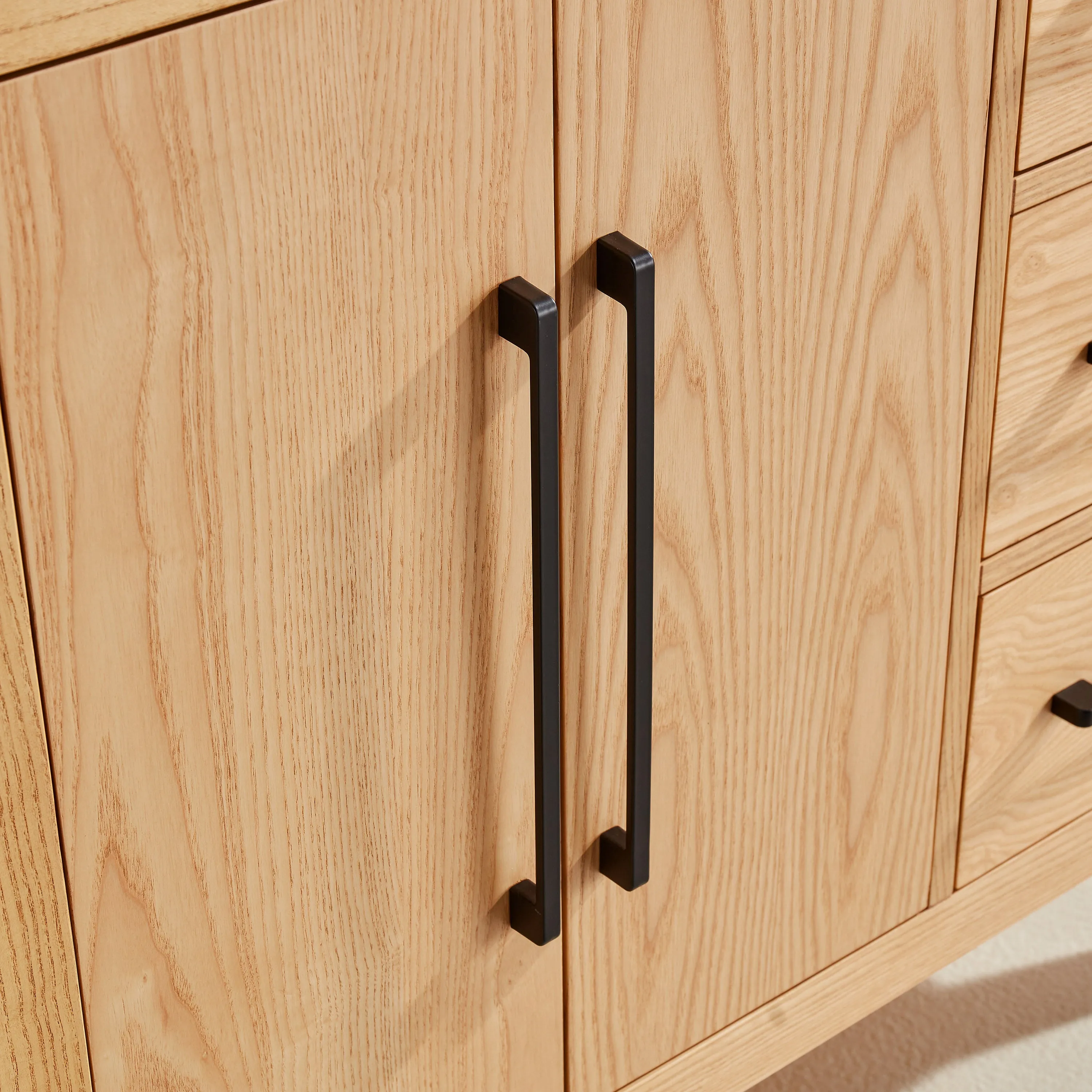 Lily- 42" White Oak ,Right Side Drawers, Floor Standing Modern Bathroom Vanity, Quartz Countertop, Matt Black Hardware