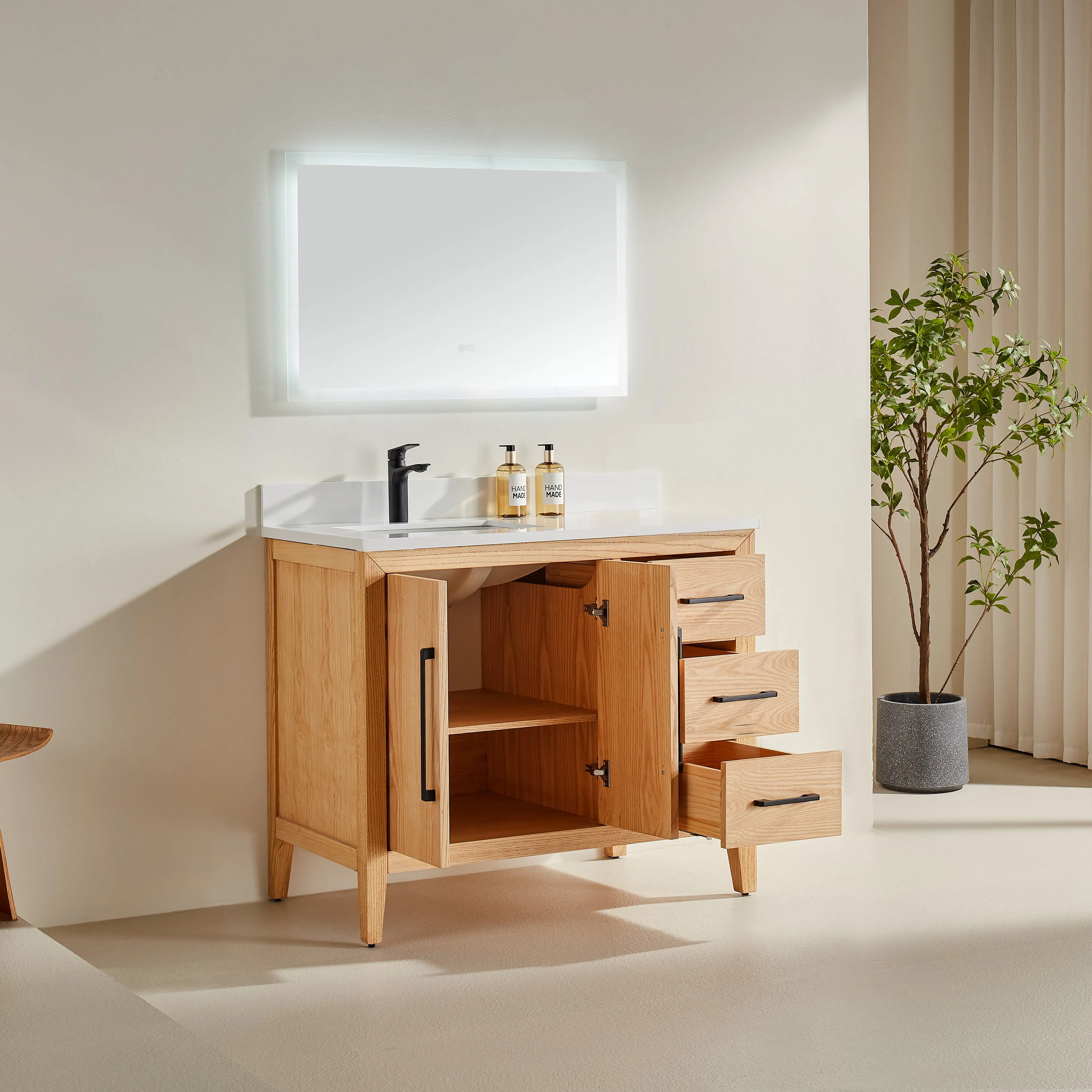 Lily- 42" White Oak ,Right Side Drawers, Floor Standing Modern Bathroom Vanity, Quartz Countertop, Matt Black Hardware