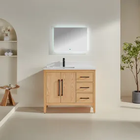 Lily- 42" White Oak ,Right Side Drawers, Floor Standing Modern Bathroom Vanity, Quartz Countertop, Matt Black Hardware