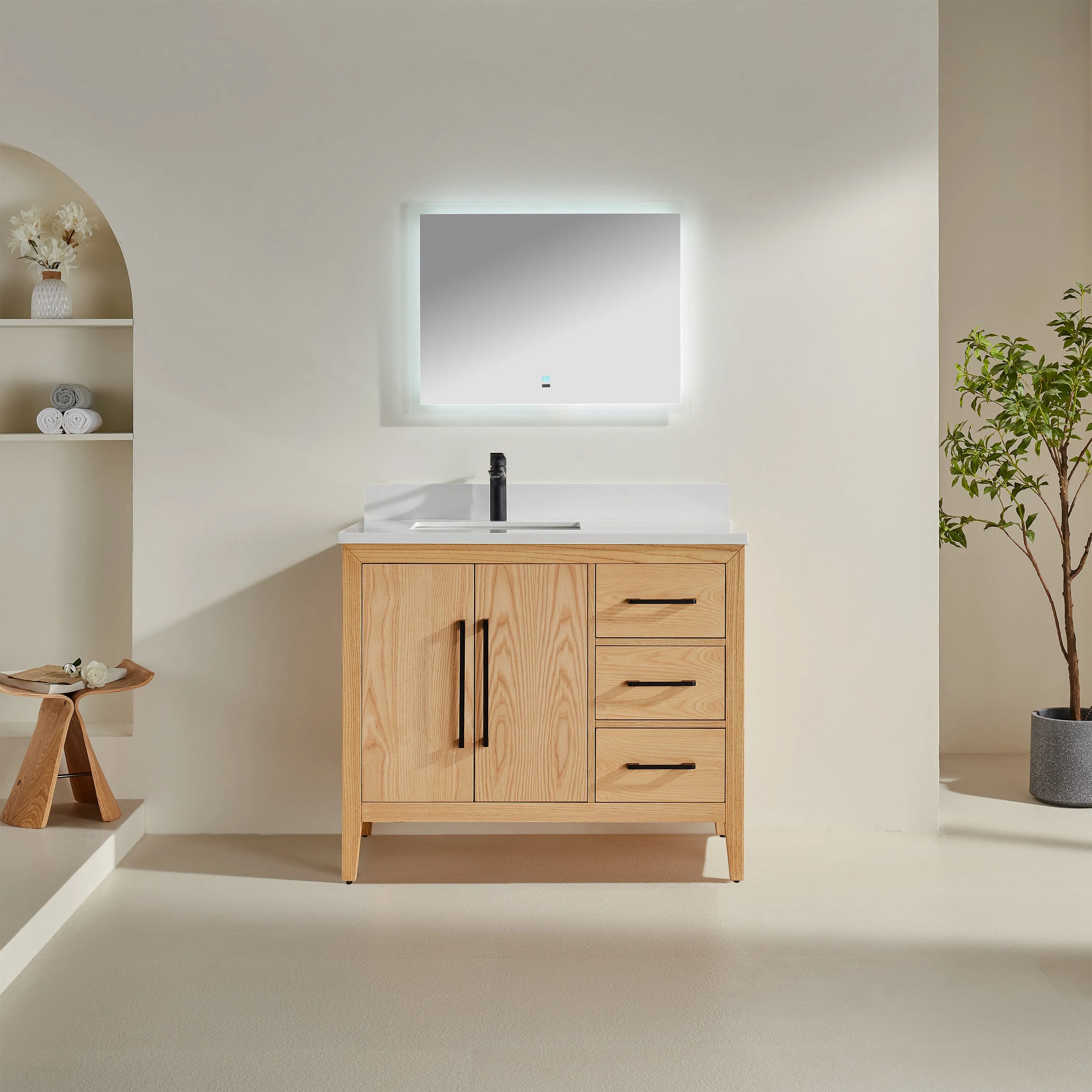 Lily- 42" White Oak ,Right Side Drawers, Floor Standing Modern Bathroom Vanity, Quartz Countertop, Matt Black Hardware