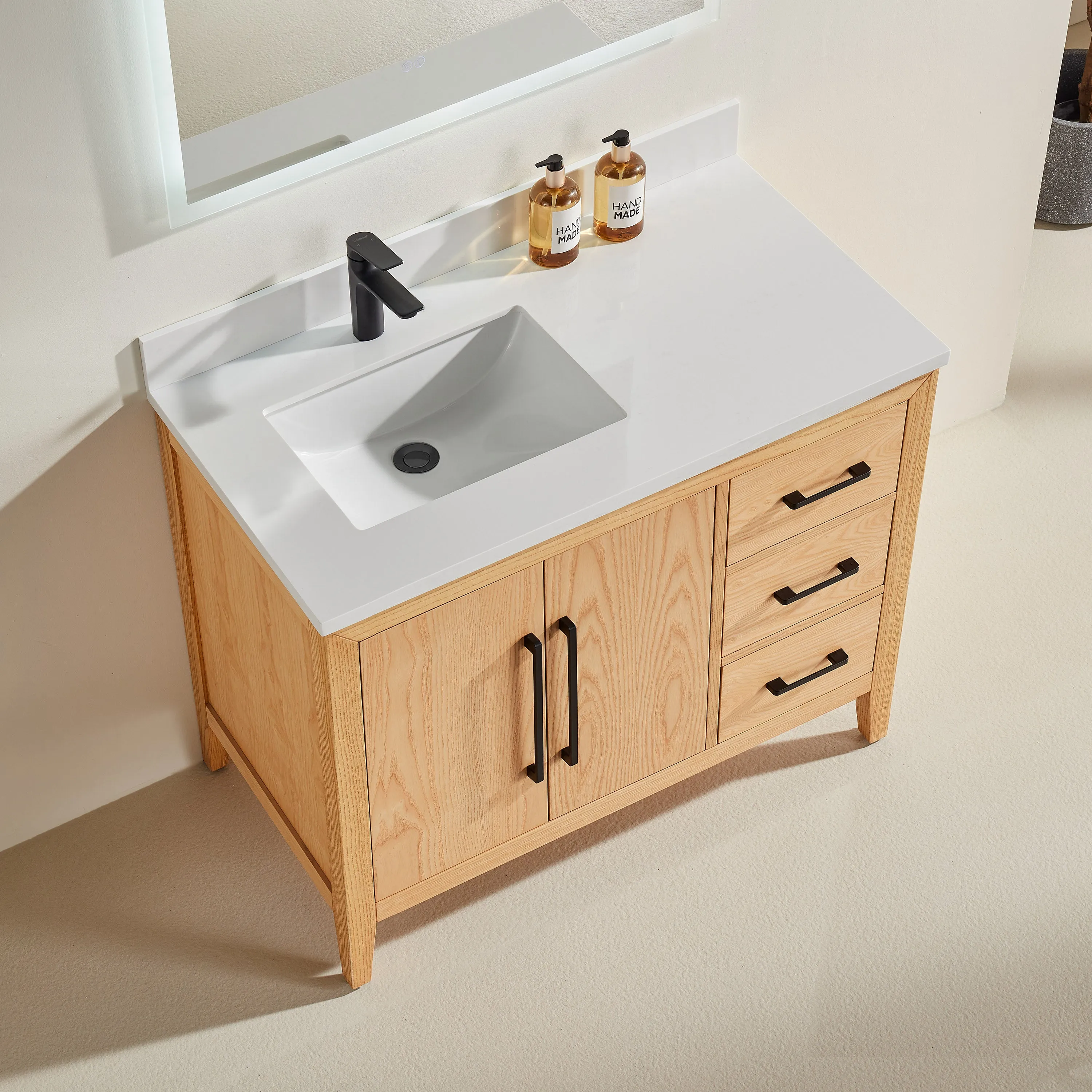 Lily- 42" White Oak ,Right Side Drawers, Floor Standing Modern Bathroom Vanity, Quartz Countertop, Matt Black Hardware
