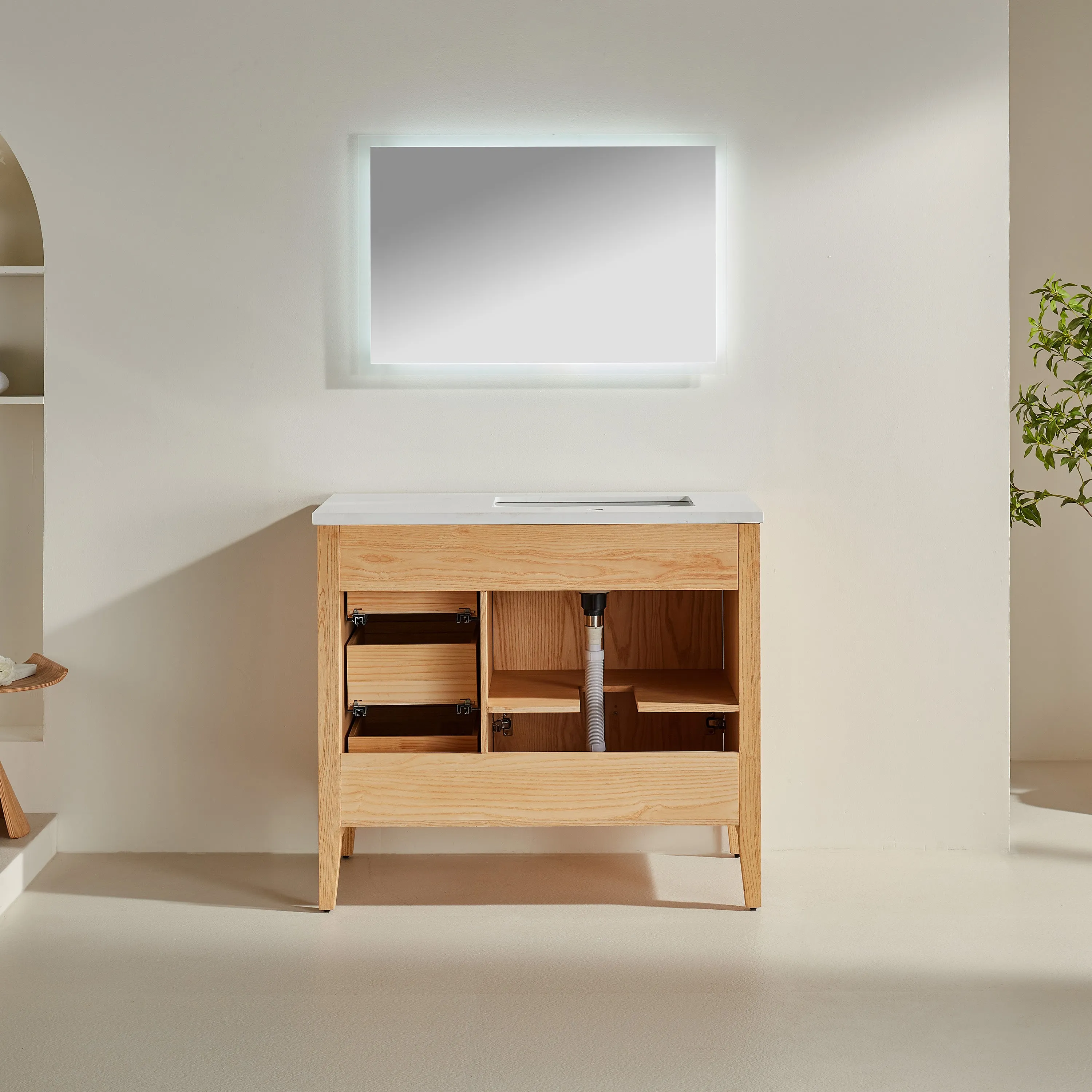 Lily- 42" White Oak ,Right Side Drawers, Floor Standing Modern Bathroom Vanity, Quartz Countertop, Matt Black Hardware