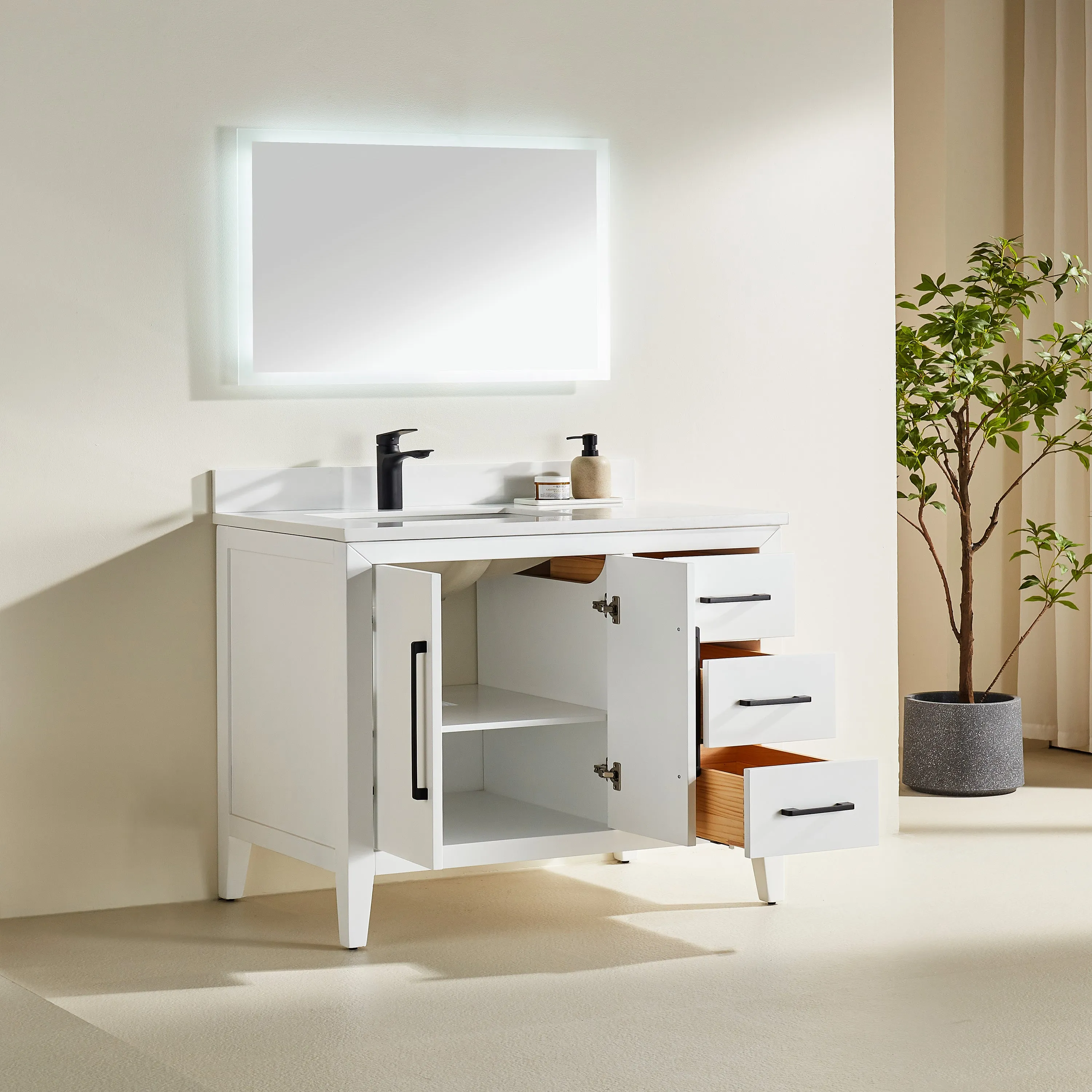 Lily - 42" White ,Right Side Drawers, Floor Standing Modern Bathroom Vanity, Quartz Countertop,
