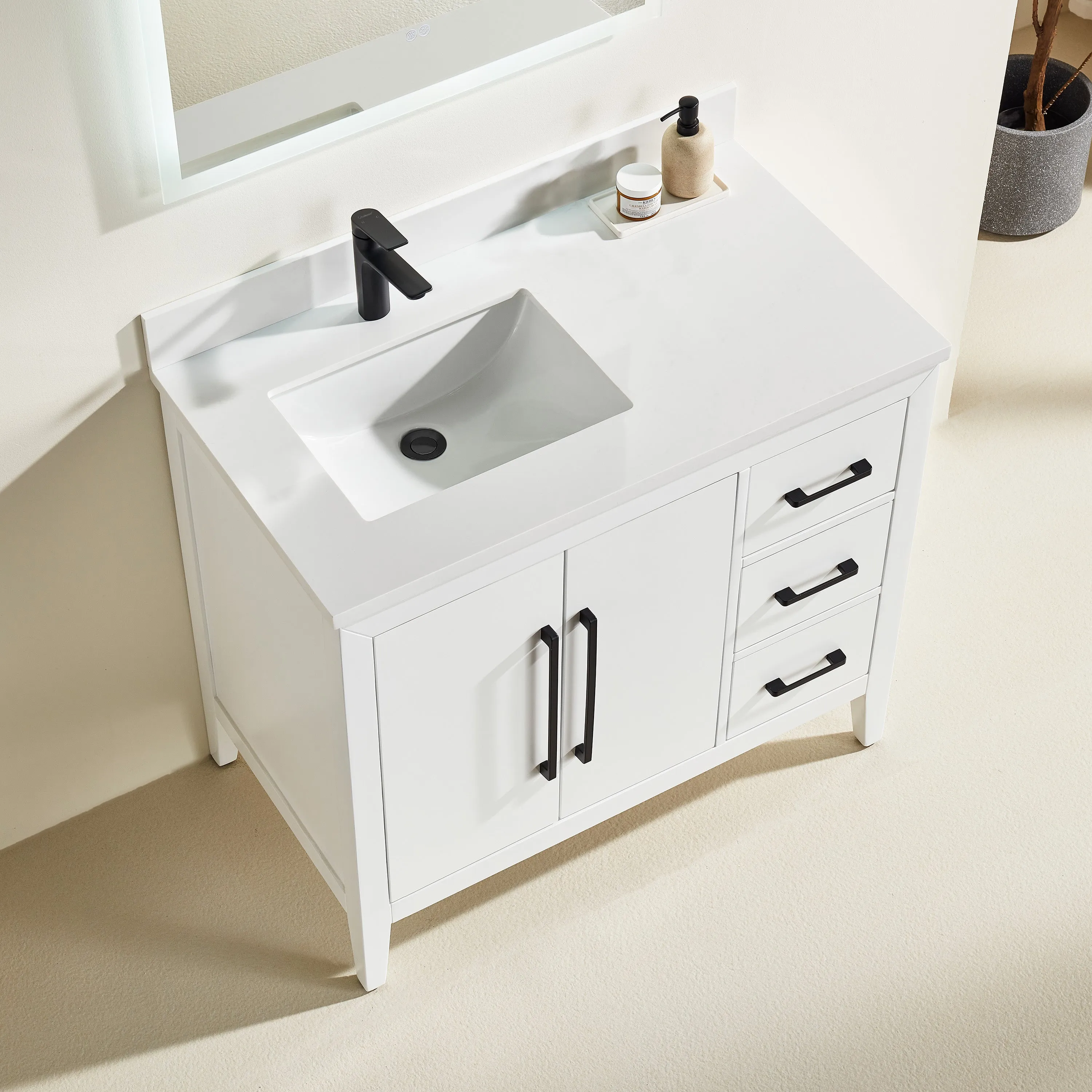Lily - 42" White ,Right Side Drawers, Floor Standing Modern Bathroom Vanity, Quartz Countertop,