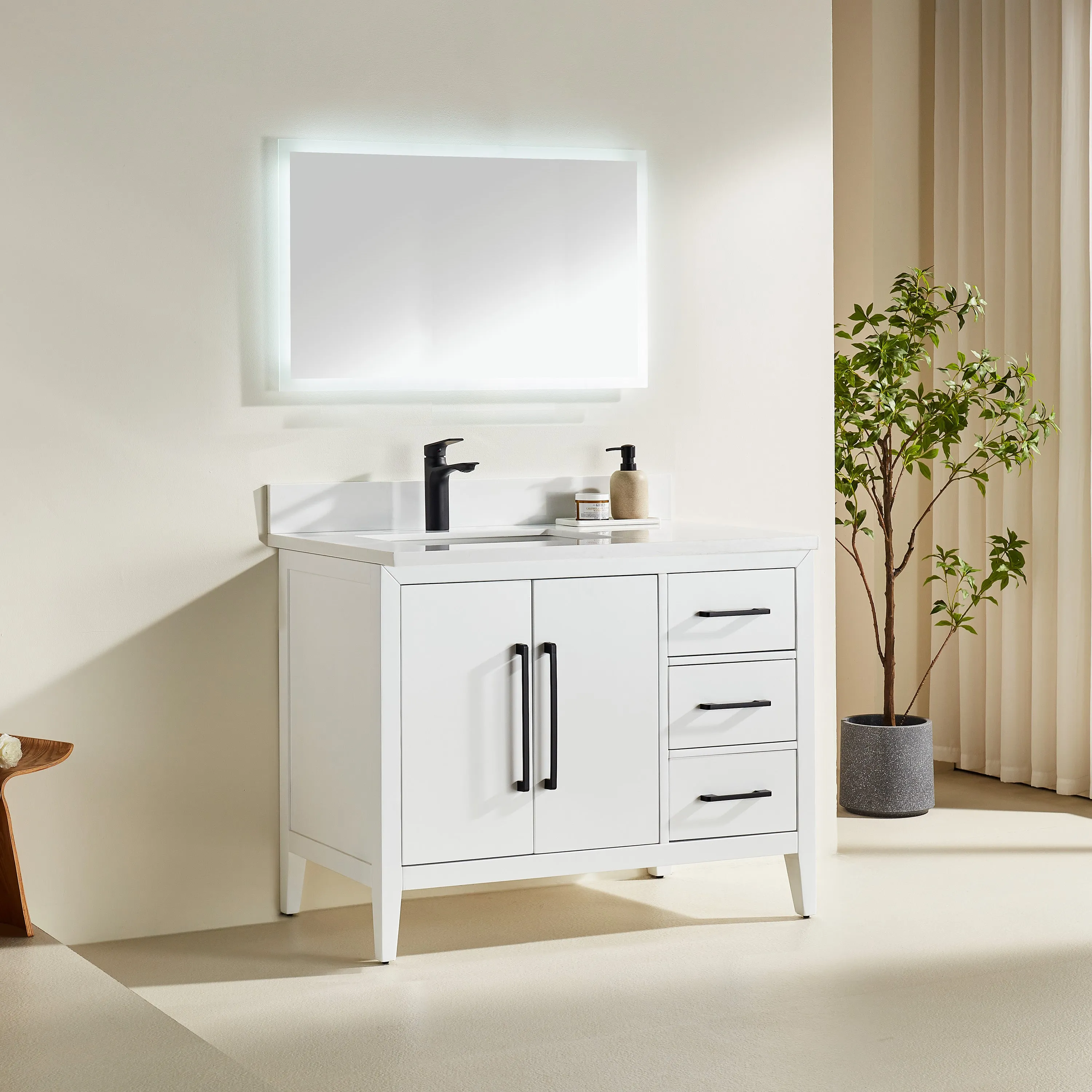 Lily - 42" White ,Right Side Drawers, Floor Standing Modern Bathroom Vanity, Quartz Countertop,
