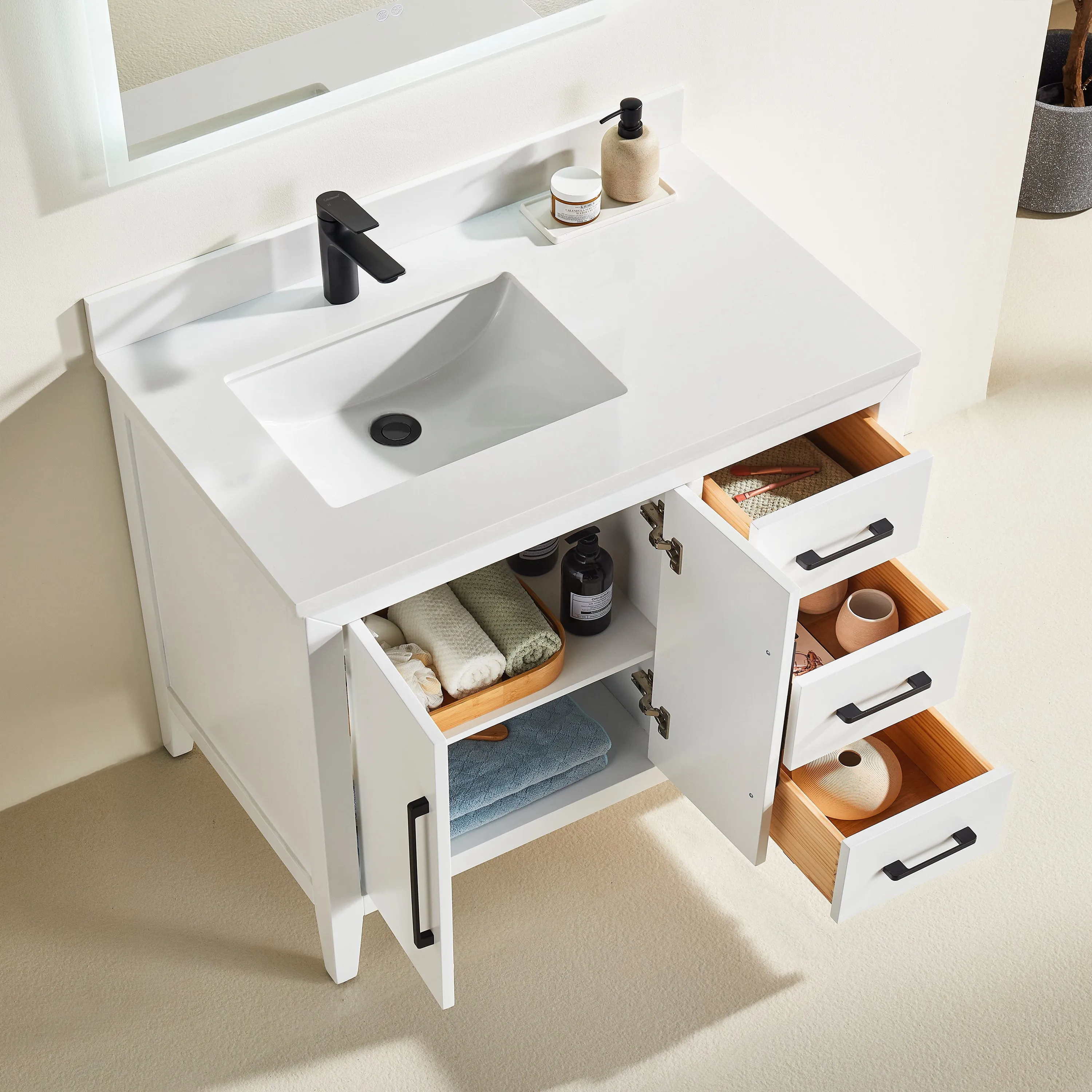 Lily - 42" White ,Right Side Drawers, Floor Standing Modern Bathroom Vanity, Quartz Countertop,
