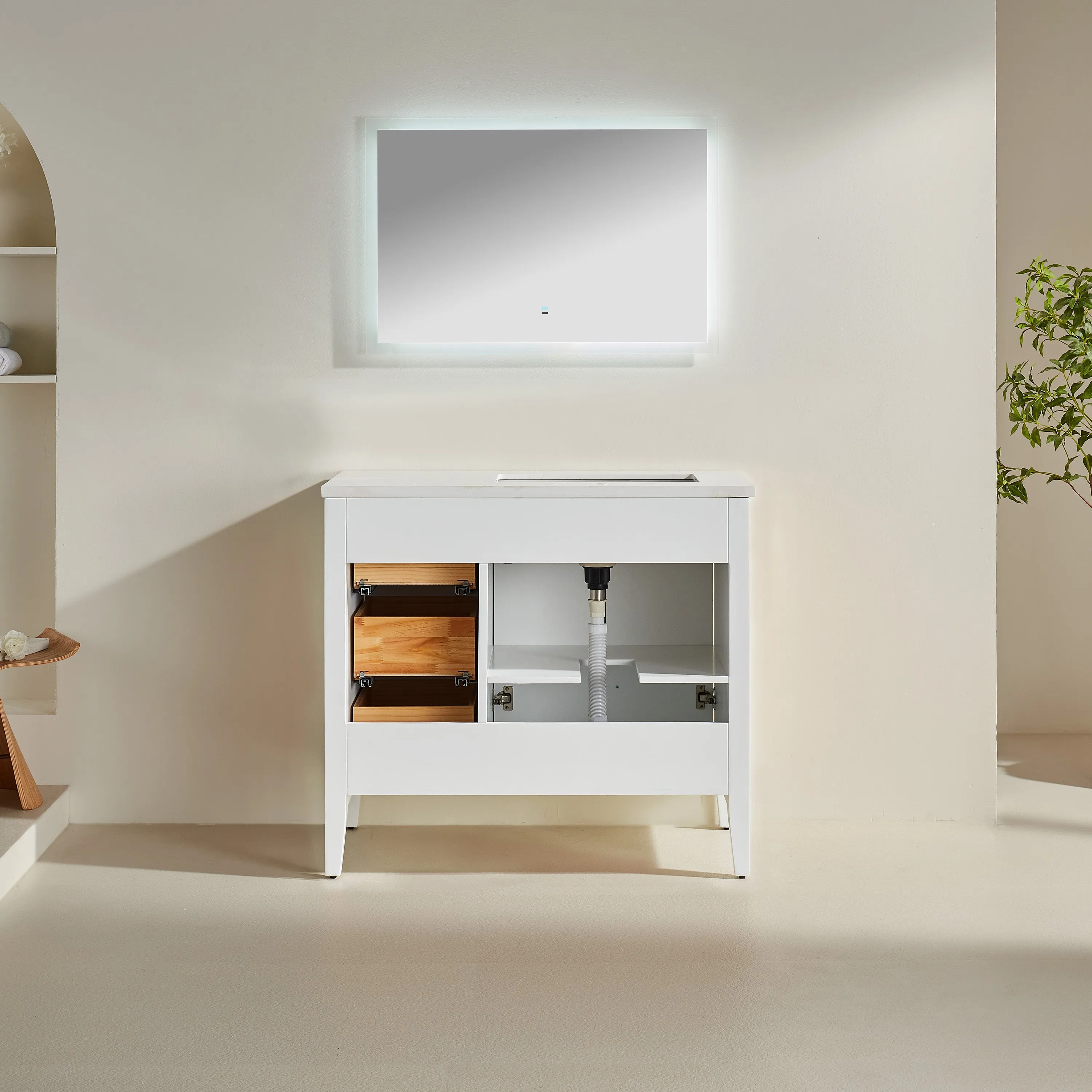 Lily - 42" White ,Right Side Drawers, Floor Standing Modern Bathroom Vanity, Quartz Countertop,