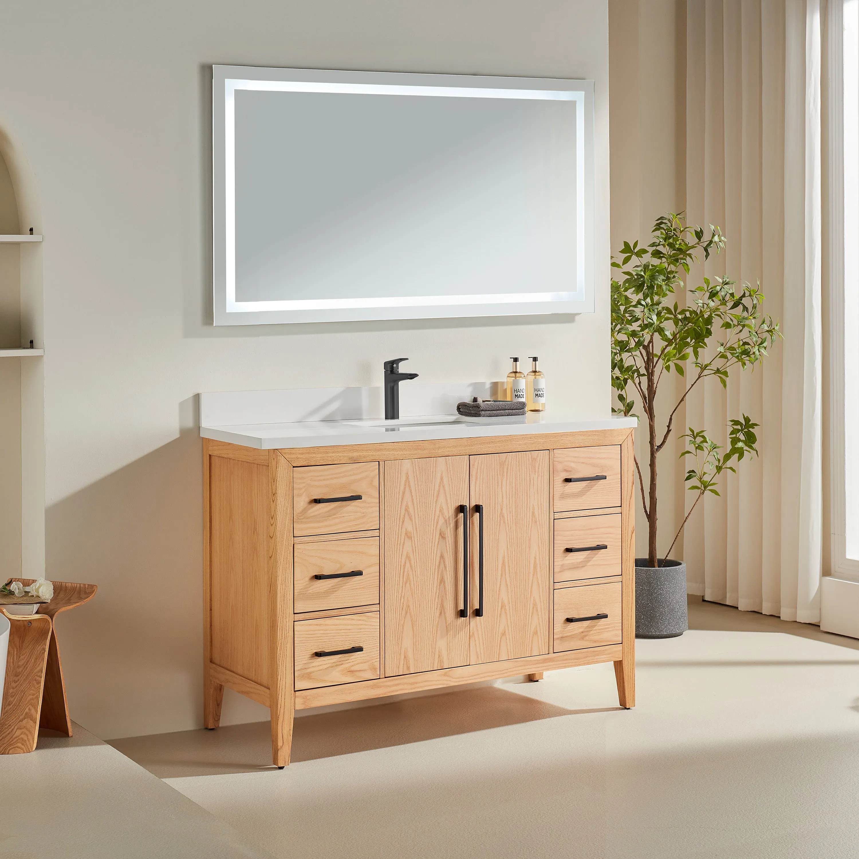 Lily - 48" White Oak , Floor Standing Modern Bathroom Vanity, Quartz Countertop