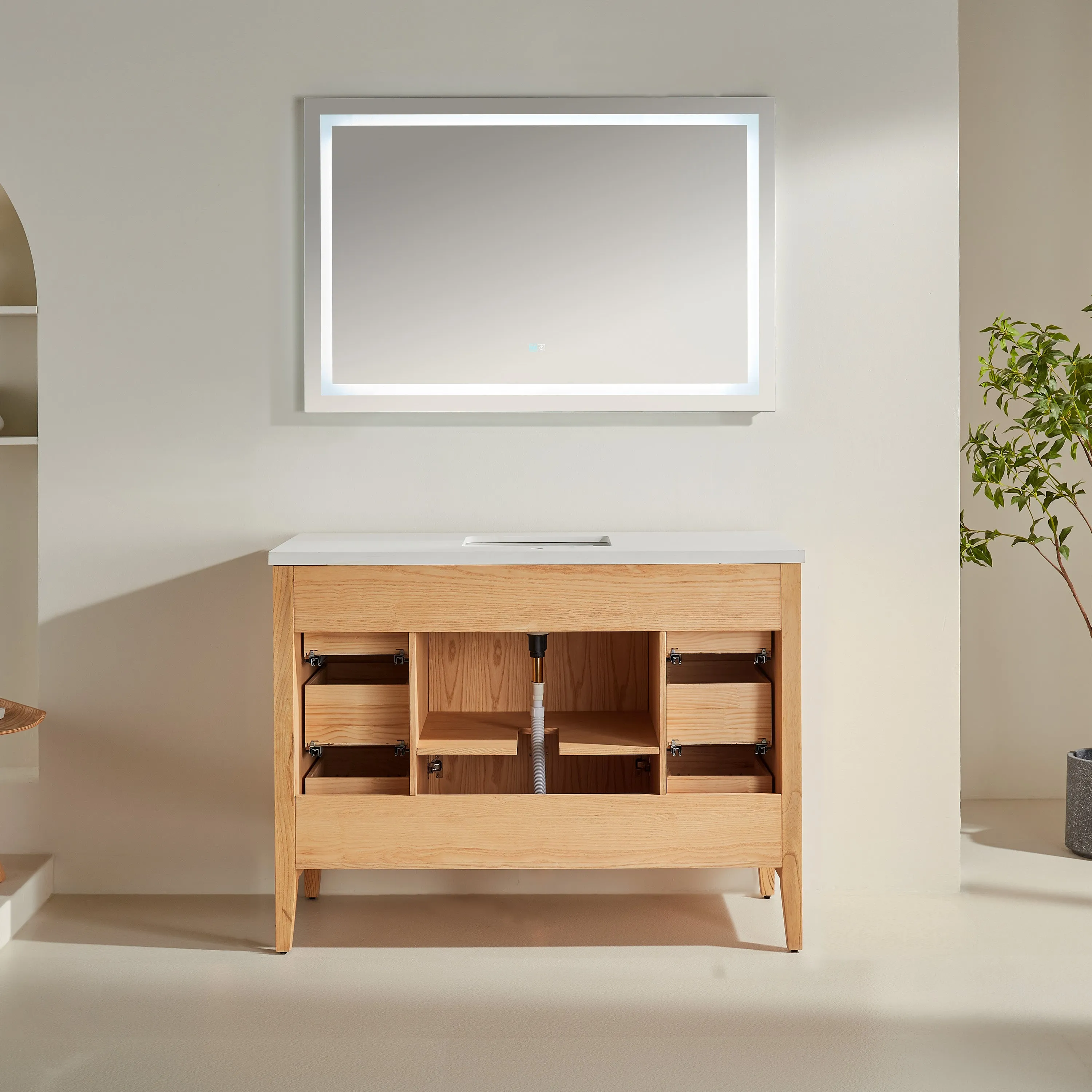 Lily - 48" White Oak , Floor Standing Modern Bathroom Vanity, Quartz Countertop