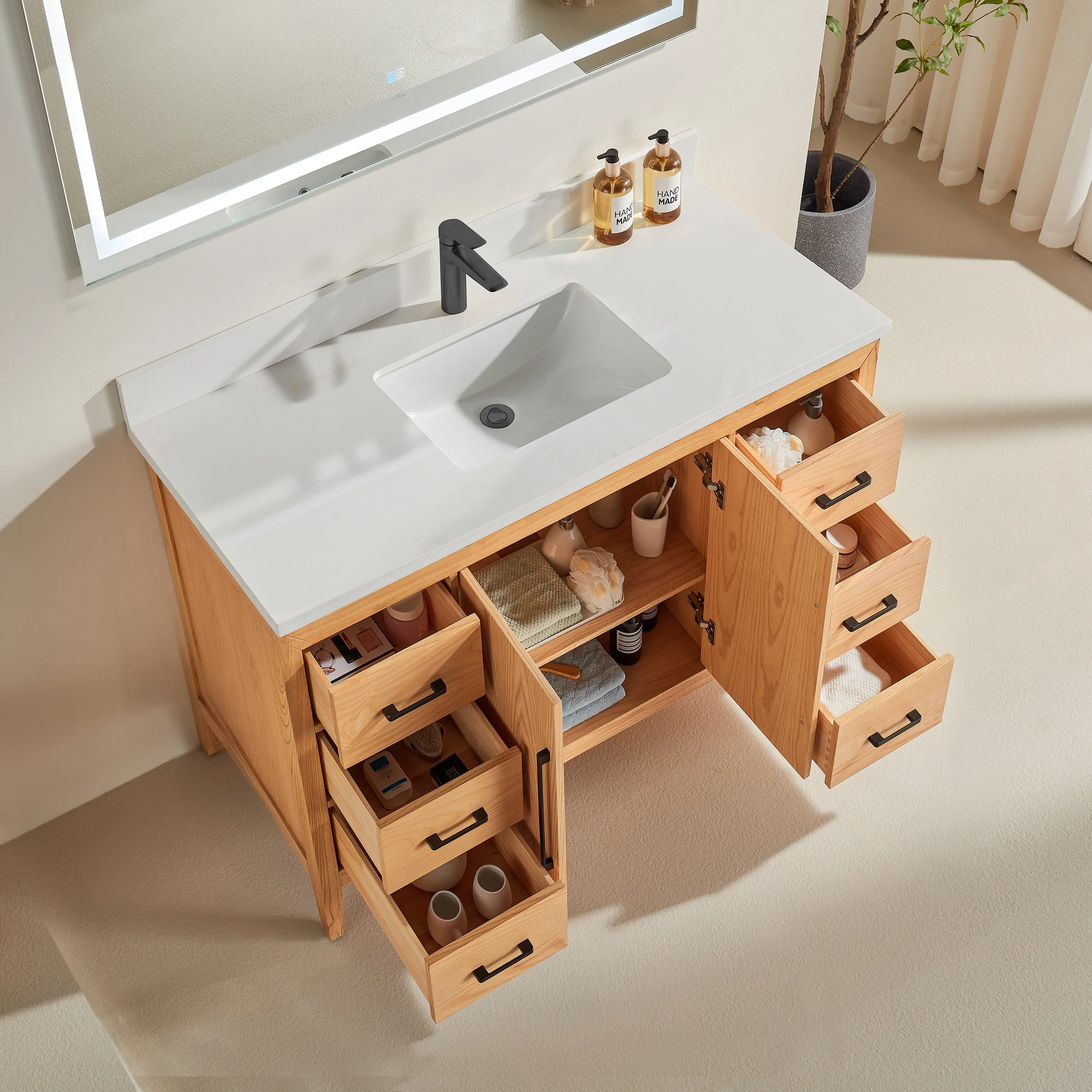 Lily - 48" White Oak , Floor Standing Modern Bathroom Vanity, Quartz Countertop
