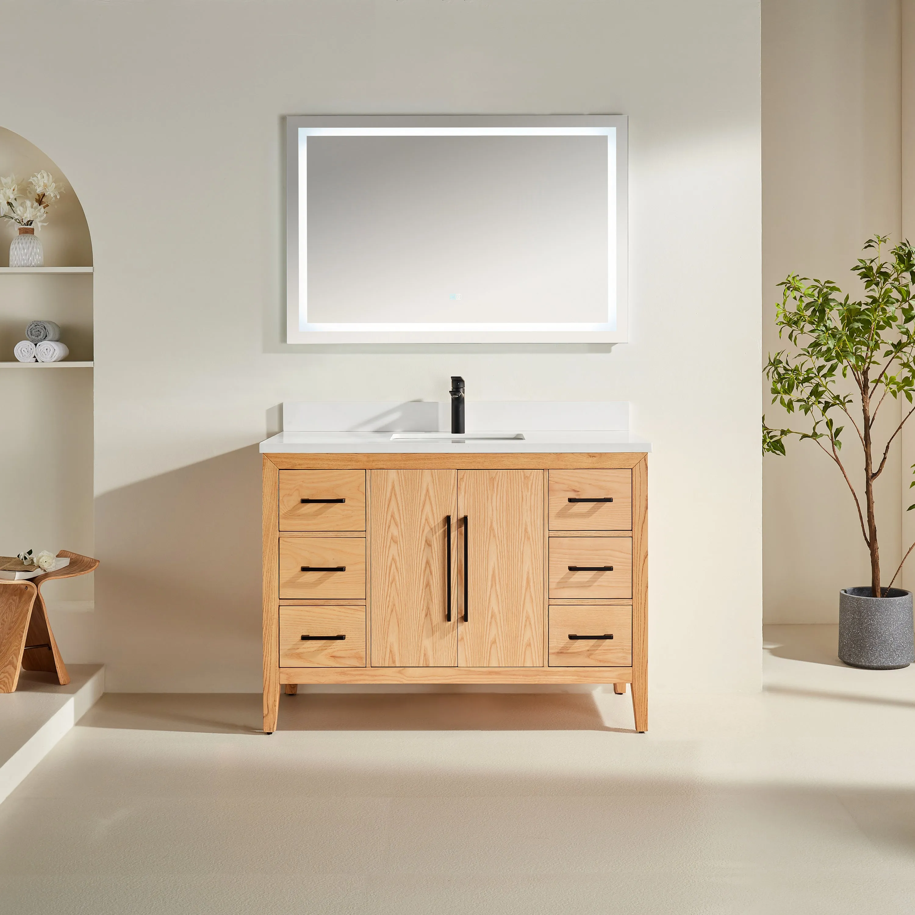 Lily - 48" White Oak , Floor Standing Modern Bathroom Vanity, Quartz Countertop