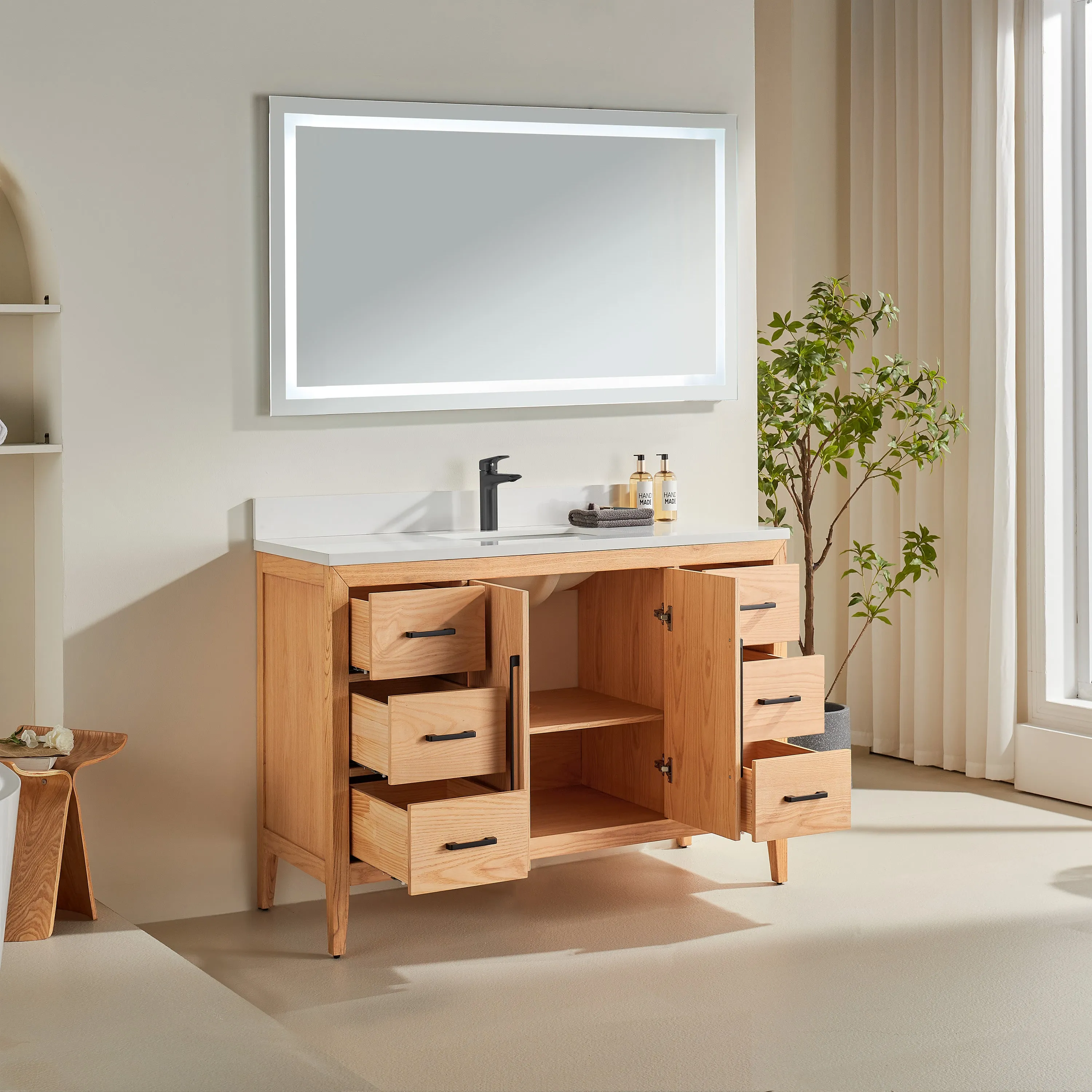 Lily - 48" White Oak , Floor Standing Modern Bathroom Vanity, Quartz Countertop