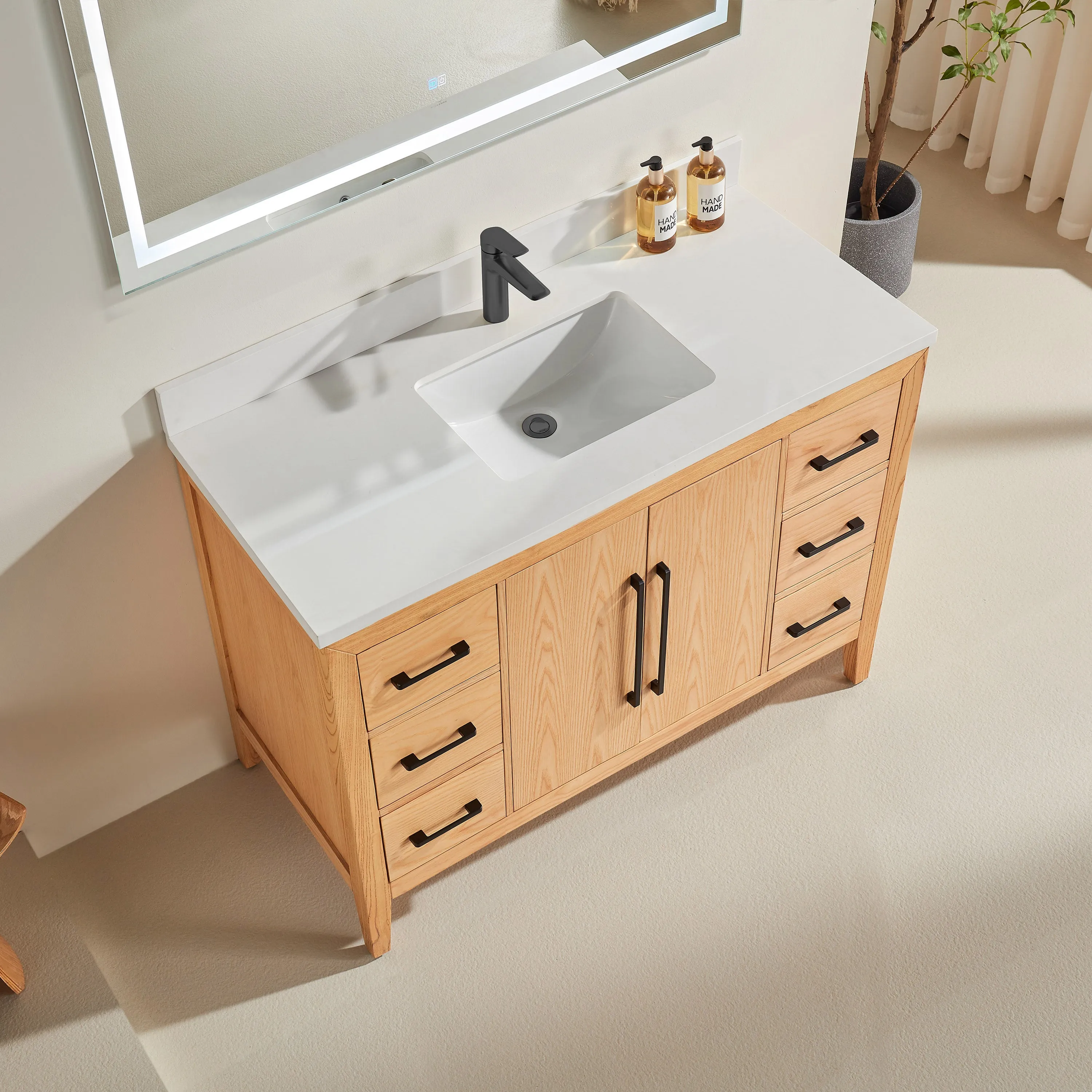 Lily - 48" White Oak , Floor Standing Modern Bathroom Vanity, Quartz Countertop