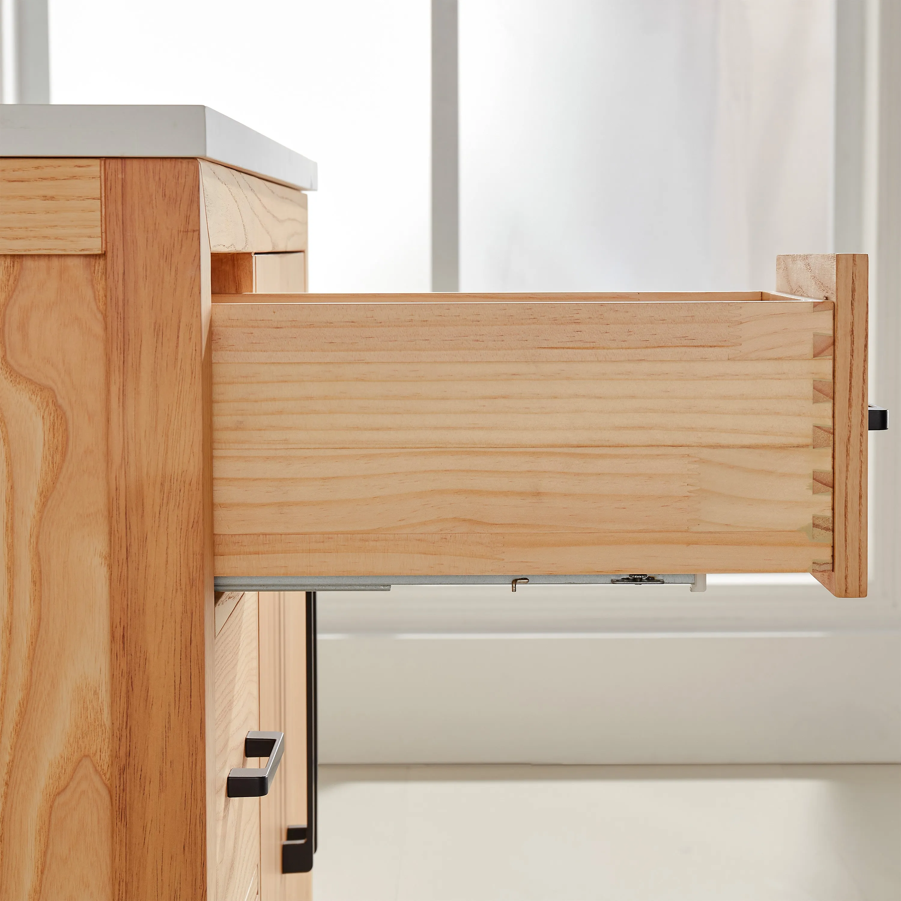 Lily - 54", White Oak , Floor Standing Modern Bathroom Vanity, White Quartz Countertop, Matt Black Hardware