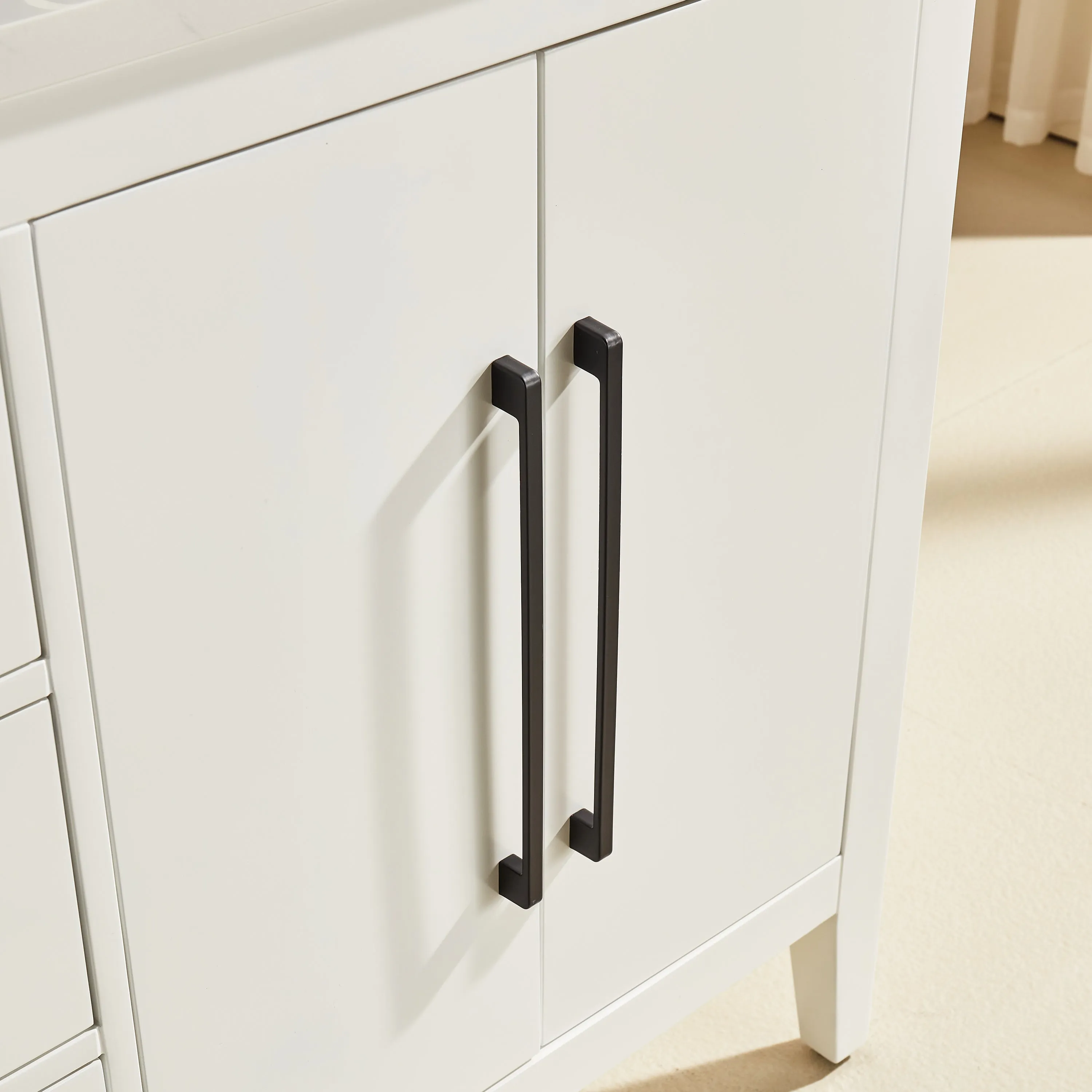 Lily - 60",Double Sink, White, Floor Standing Modern Bathroom Vanity, White Quartz Countertop, Matt Black Hardware