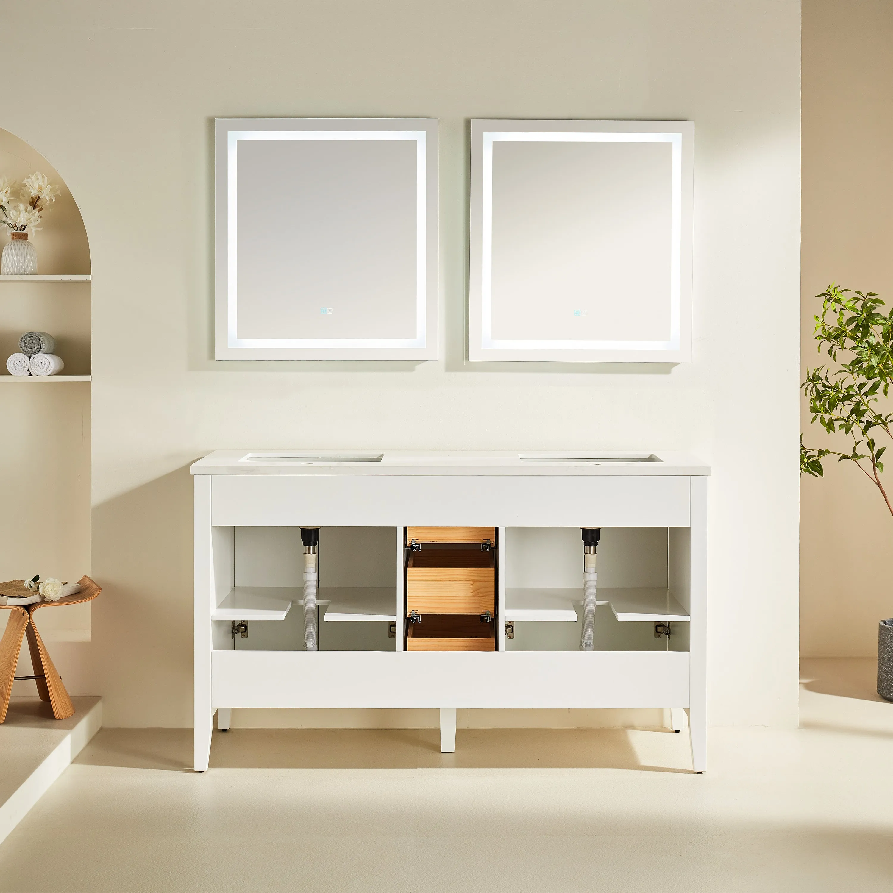 Lily - 60",Double Sink, White, Floor Standing Modern Bathroom Vanity, White Quartz Countertop, Matt Black Hardware