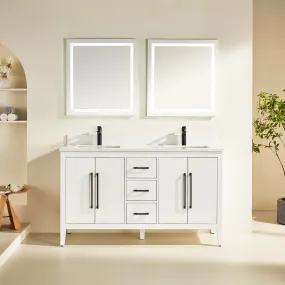 Lily - 60",Double Sink, White, Floor Standing Modern Bathroom Vanity, White Quartz Countertop, Matt Black Hardware