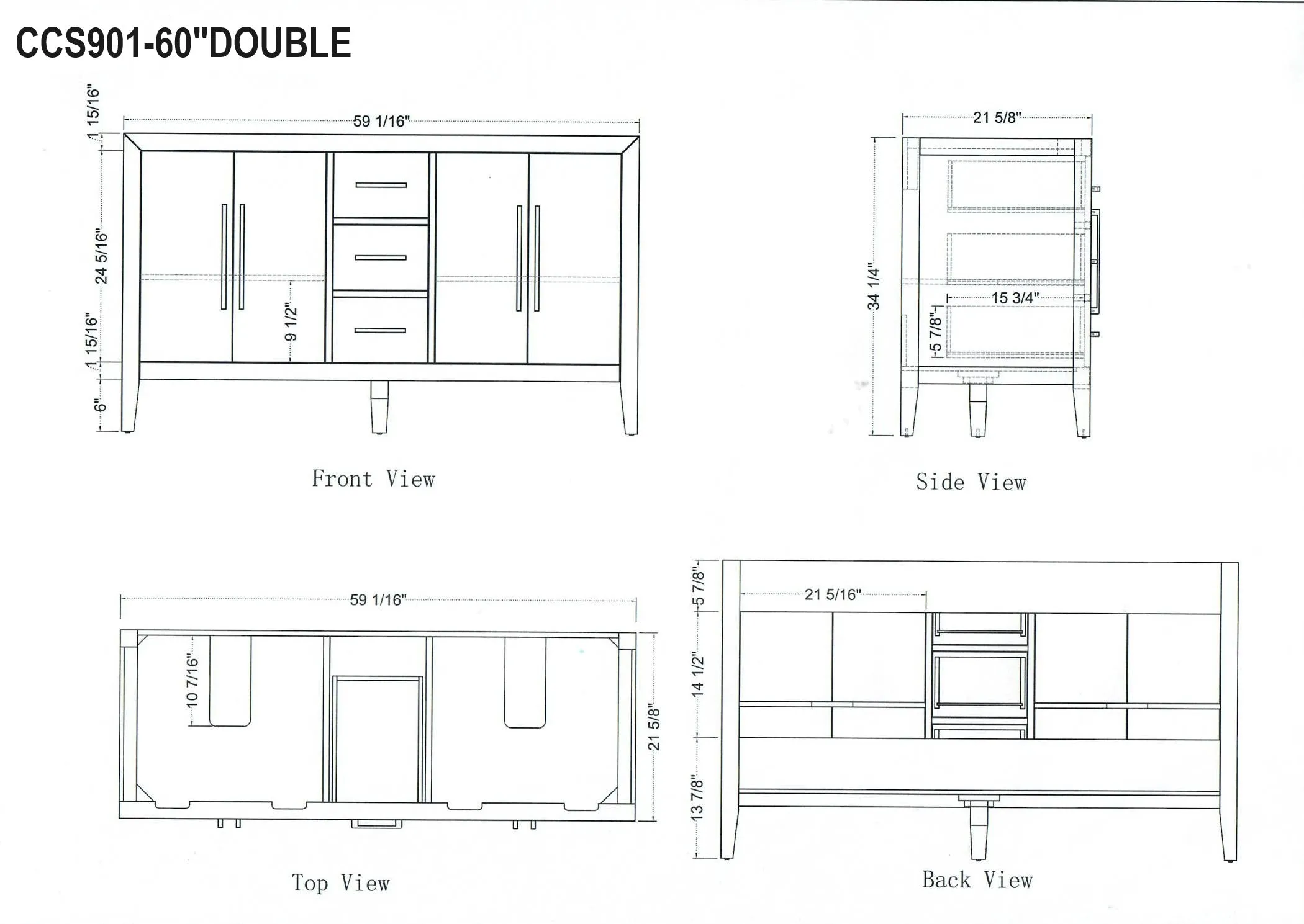 Lily - 60",Double Sink, White, Floor Standing Modern Bathroom Vanity, White Quartz Countertop, Matt Black Hardware