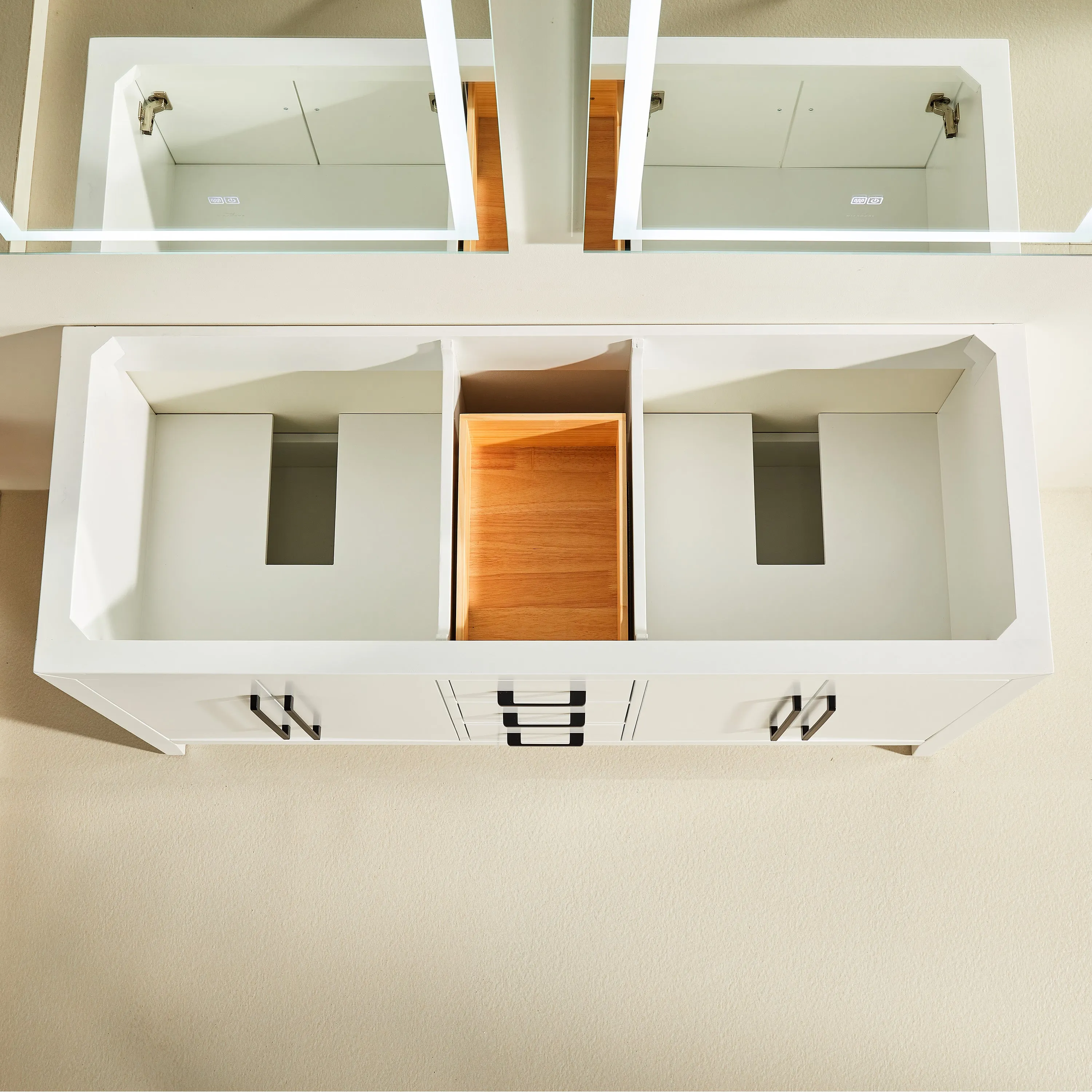 Lily - 60",Double Sink, White, Floor Standing Modern Bathroom Vanity, White Quartz Countertop, Matt Black Hardware