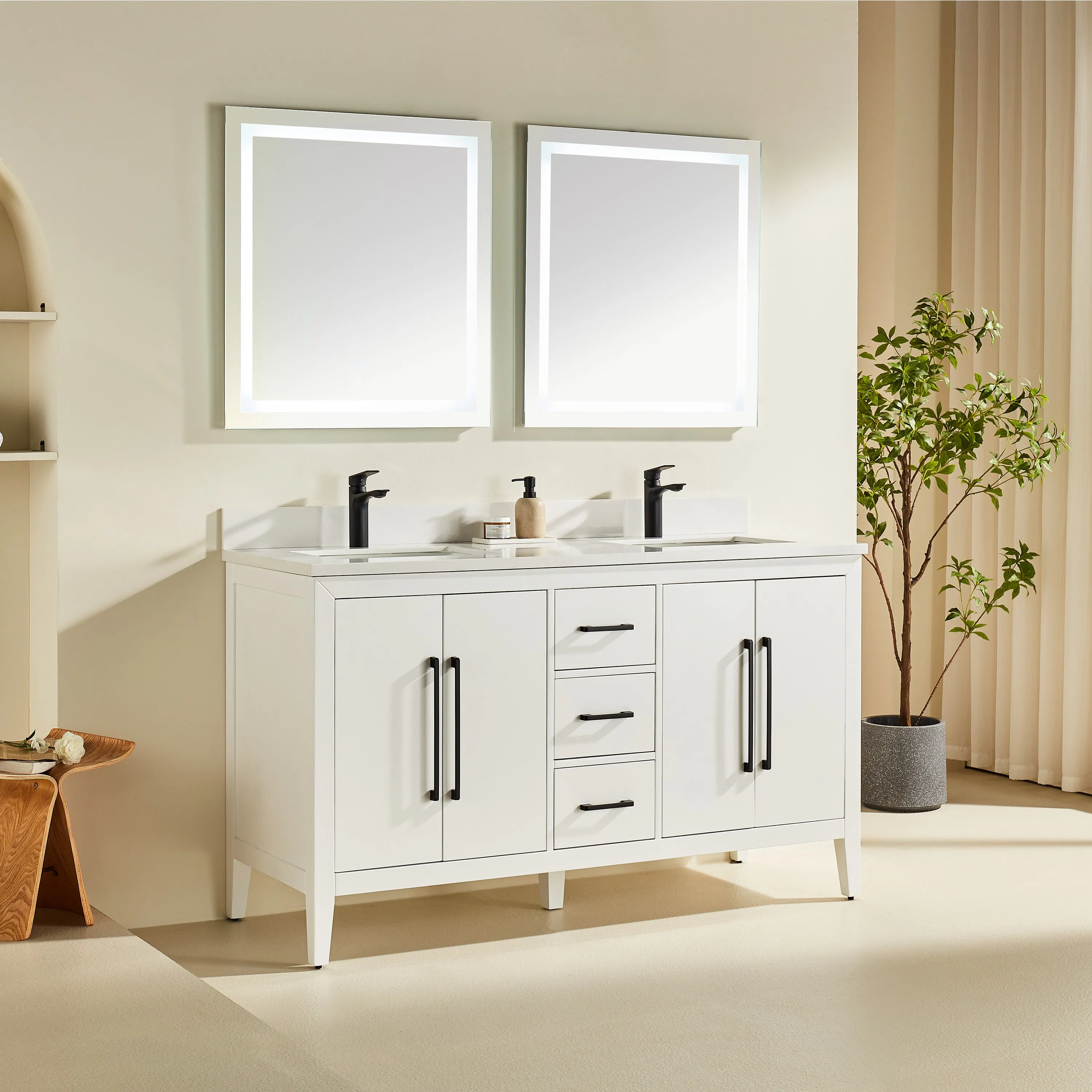 Lily - 60",Double Sink, White, Floor Standing Modern Bathroom Vanity, White Quartz Countertop, Matt Black Hardware