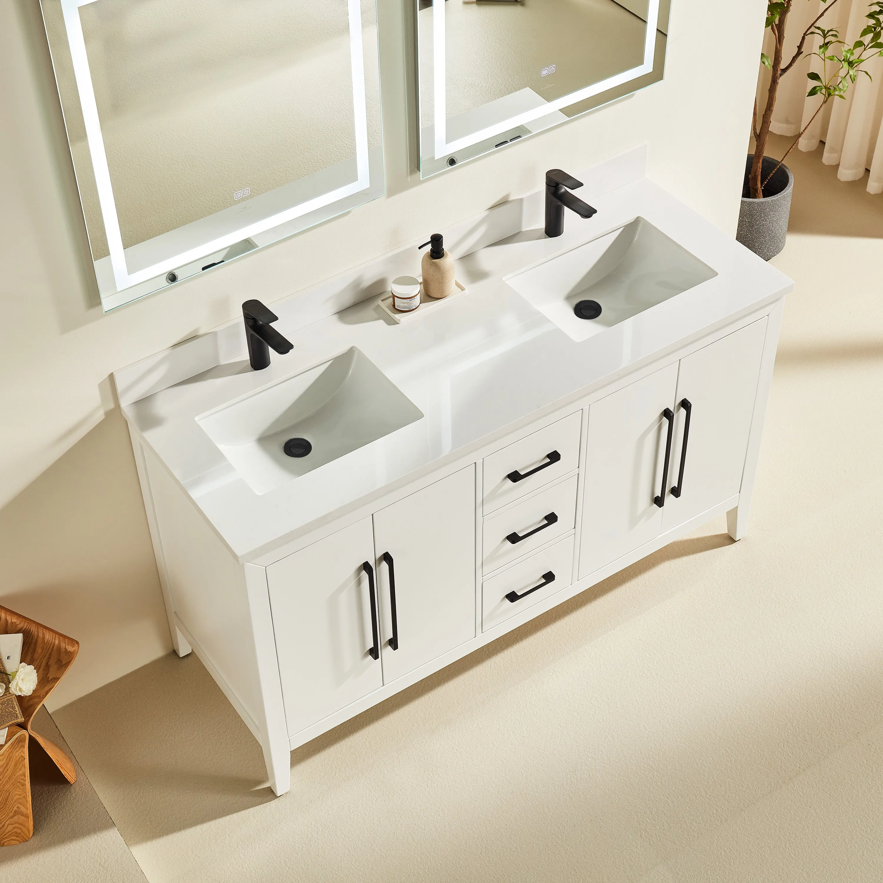 Lily - 60",Double Sink, White, Floor Standing Modern Bathroom Vanity, White Quartz Countertop, Matt Black Hardware
