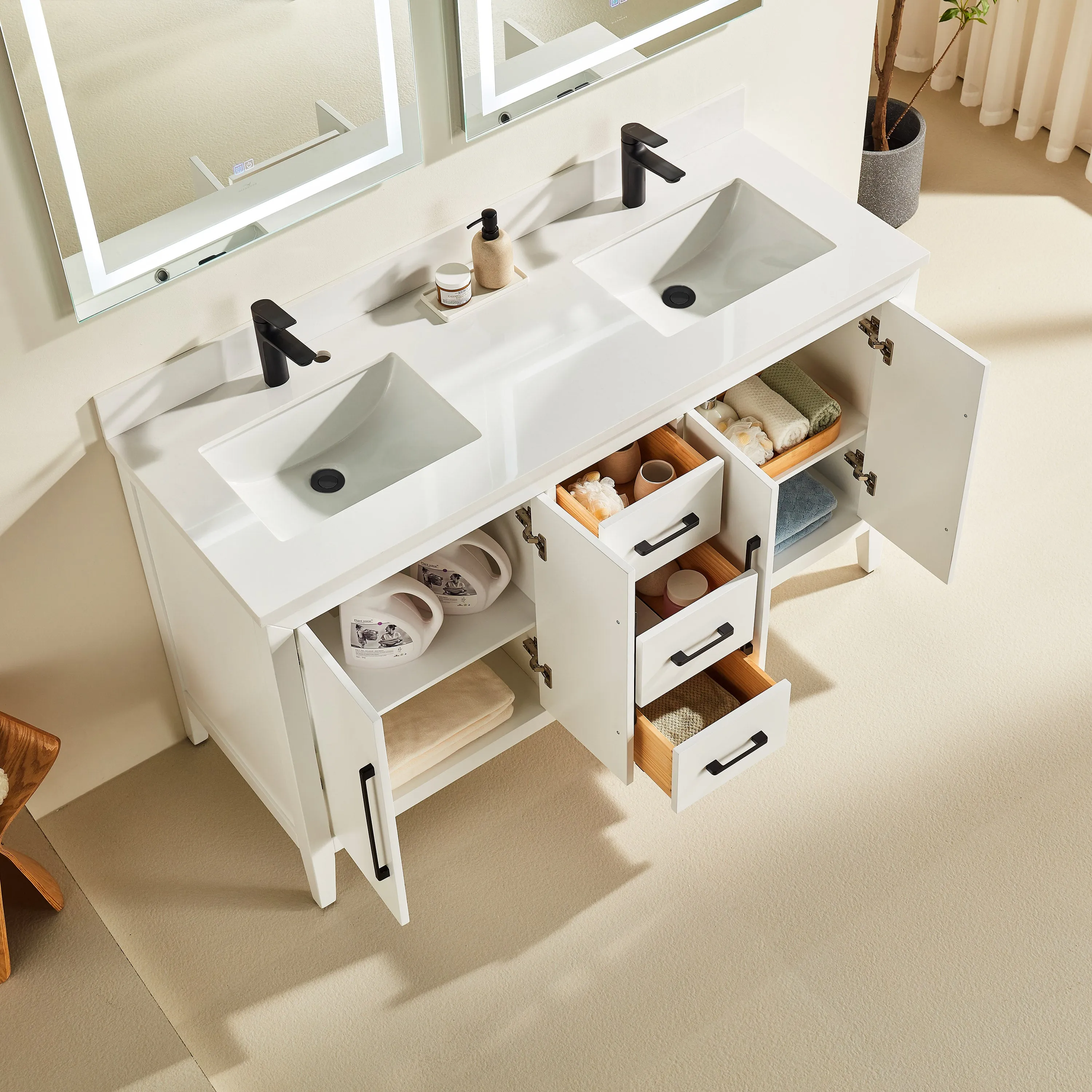 Lily - 60",Double Sink, White, Floor Standing Modern Bathroom Vanity, White Quartz Countertop, Matt Black Hardware