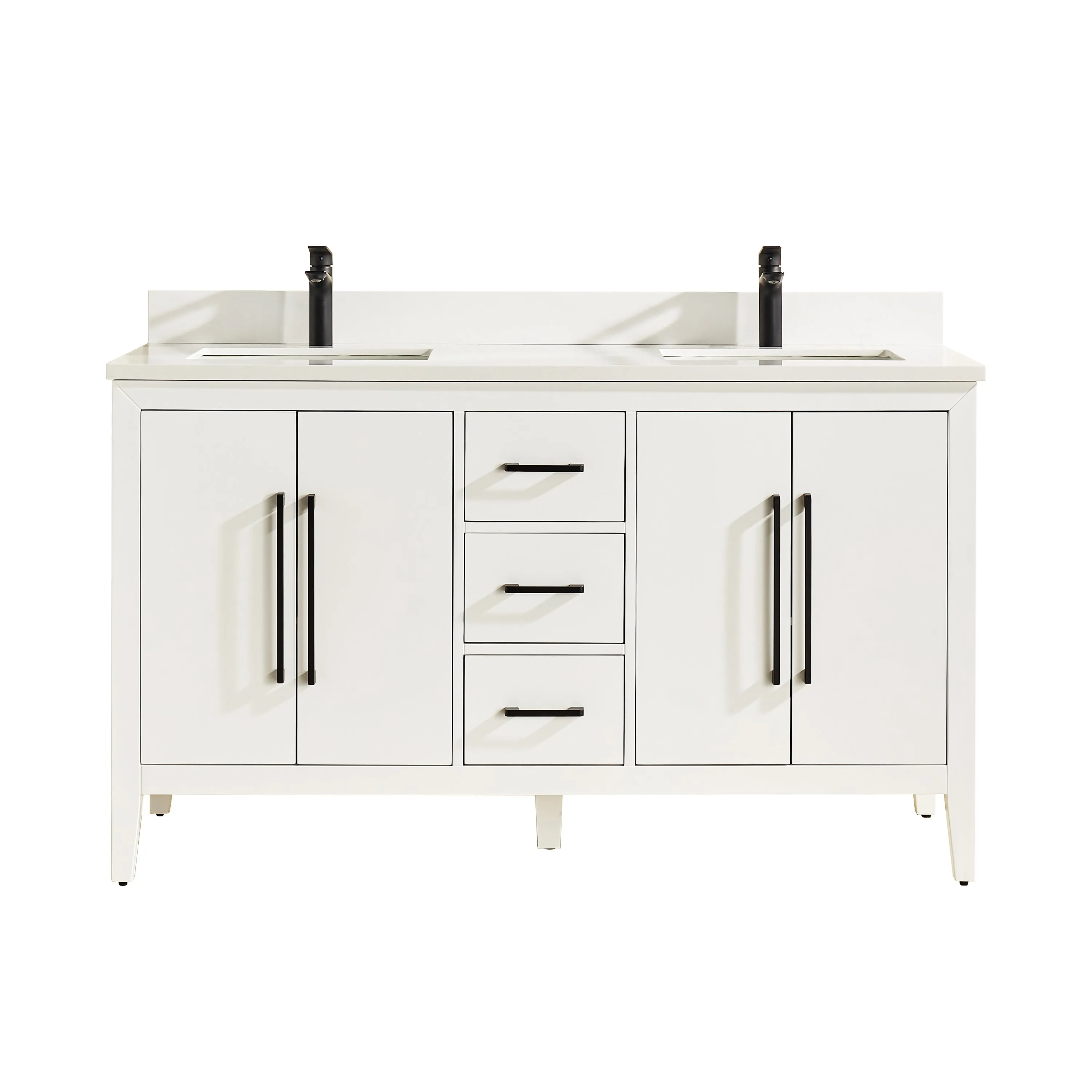 Lily - 60",Double Sink, White, Floor Standing Modern Bathroom Vanity, White Quartz Countertop, Matt Black Hardware