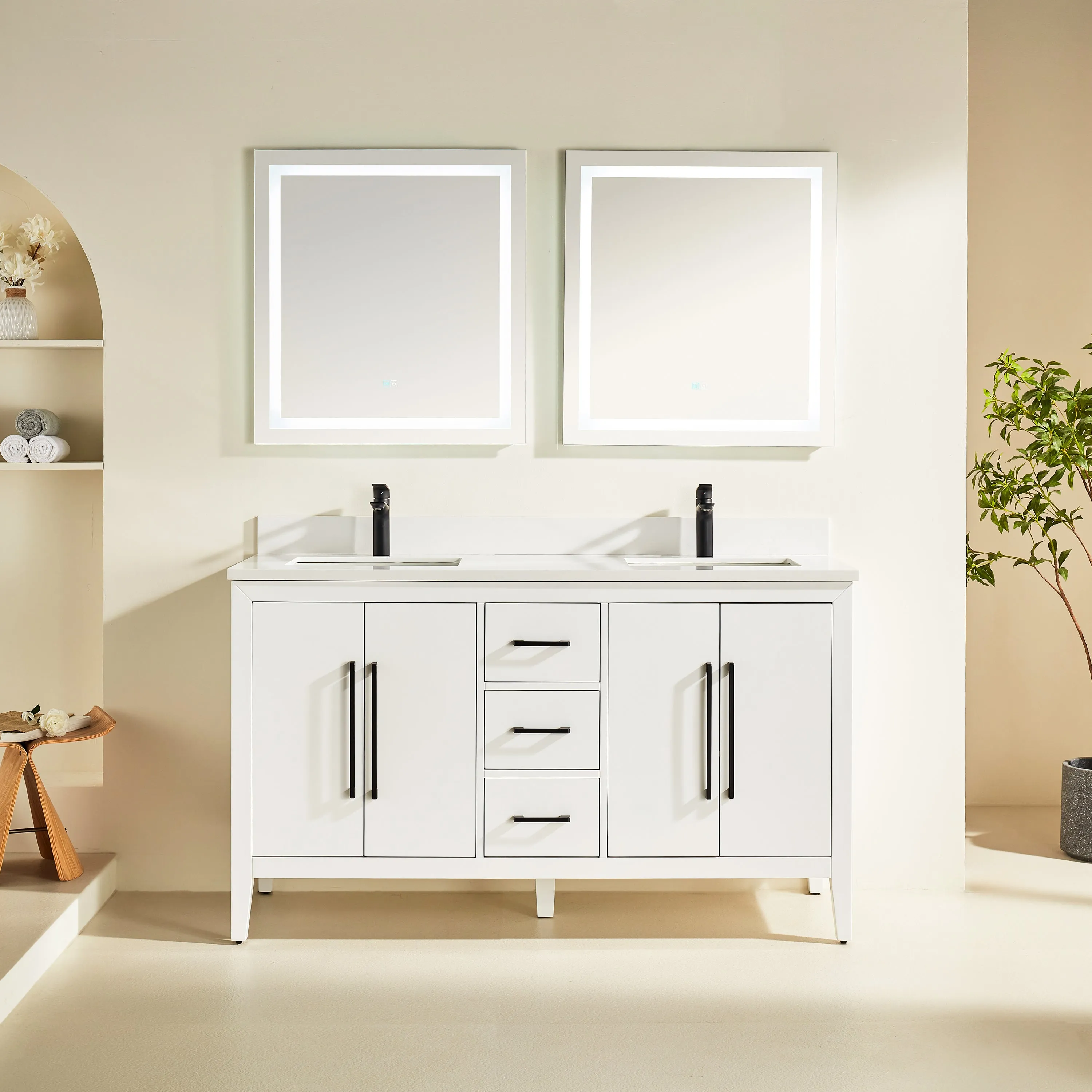 Lily - 60",Double Sink, White, Floor Standing Modern Bathroom Vanity, White Quartz Countertop, Matt Black Hardware