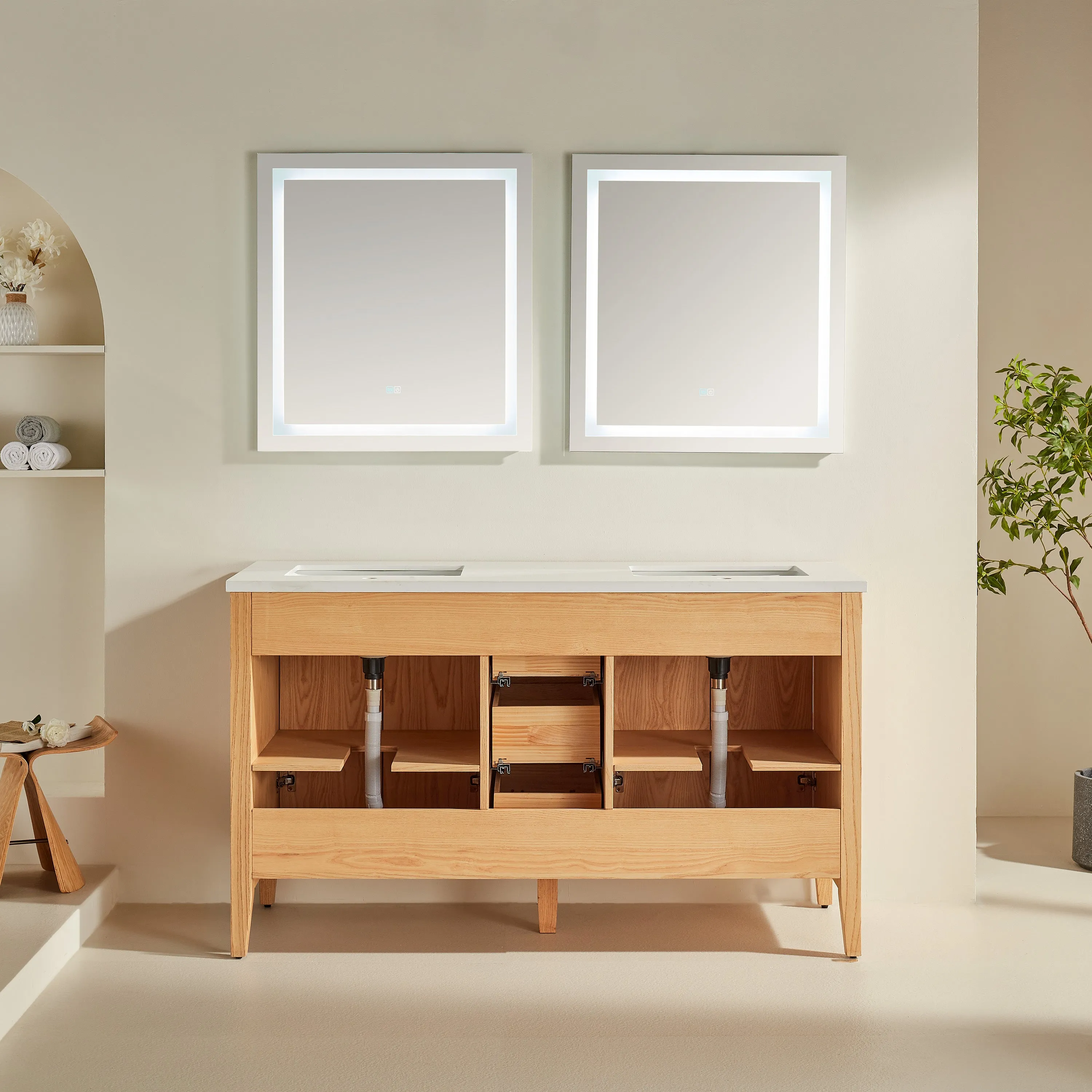 Lily - 60",Double Sink, White Oak , Floor Standing Modern Bathroom Vanity,Quartz Countertop