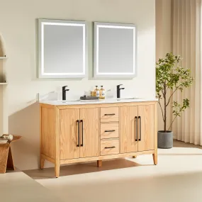 Lily - 60",Double Sink, White Oak , Floor Standing Modern Bathroom Vanity,Quartz Countertop