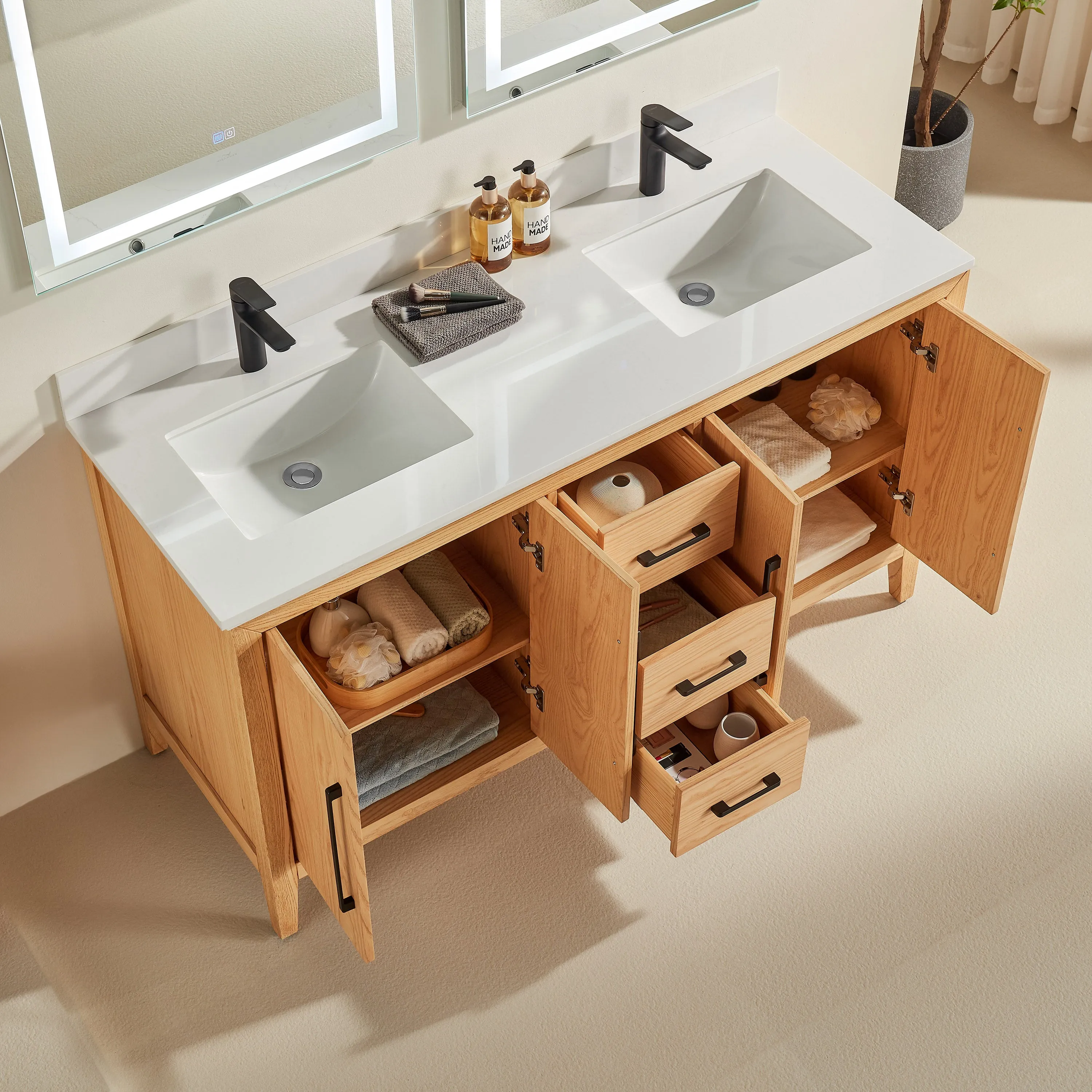 Lily - 60",Double Sink, White Oak , Floor Standing Modern Bathroom Vanity,Quartz Countertop