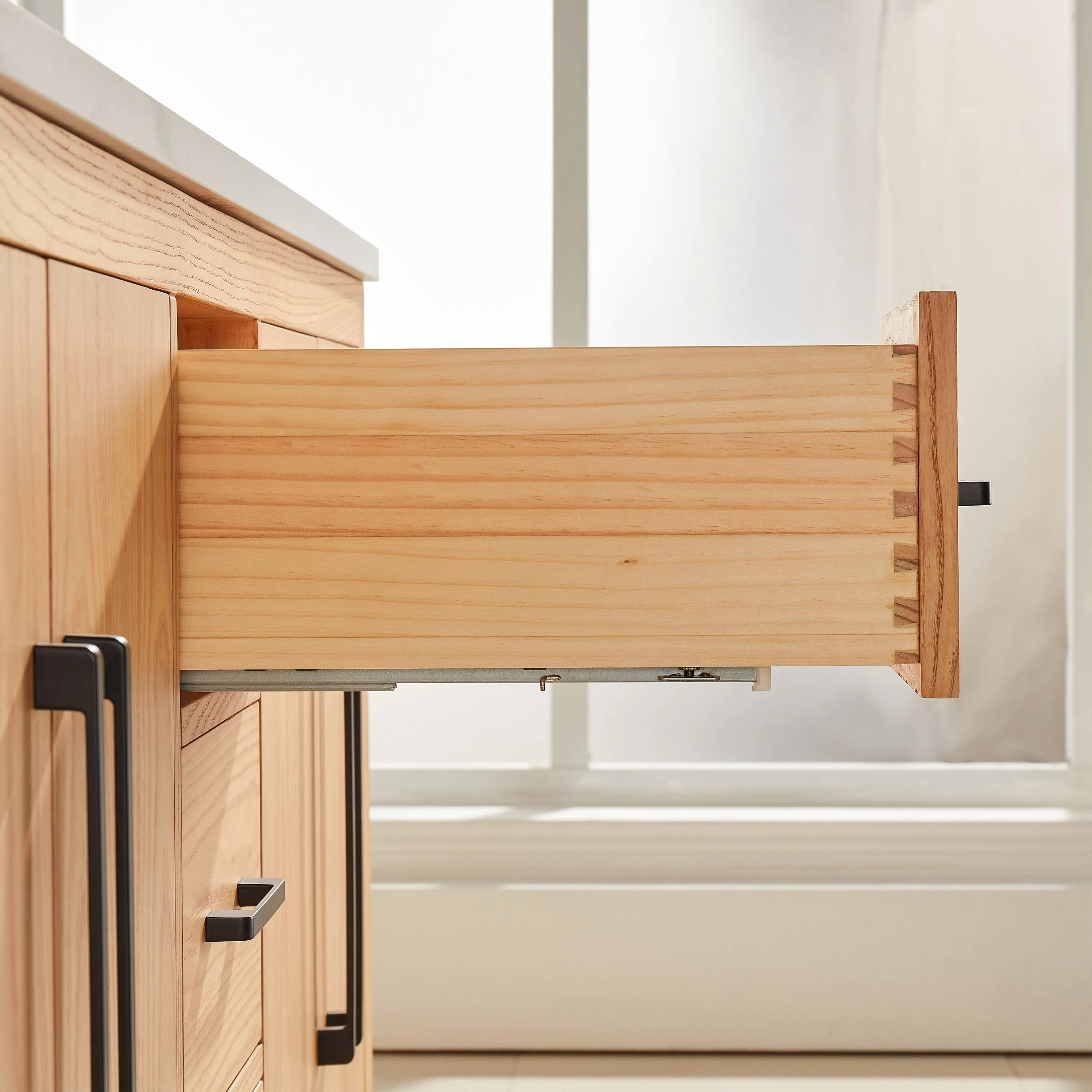 Lily - 60",Double Sink, White Oak , Floor Standing Modern Bathroom Vanity,Quartz Countertop