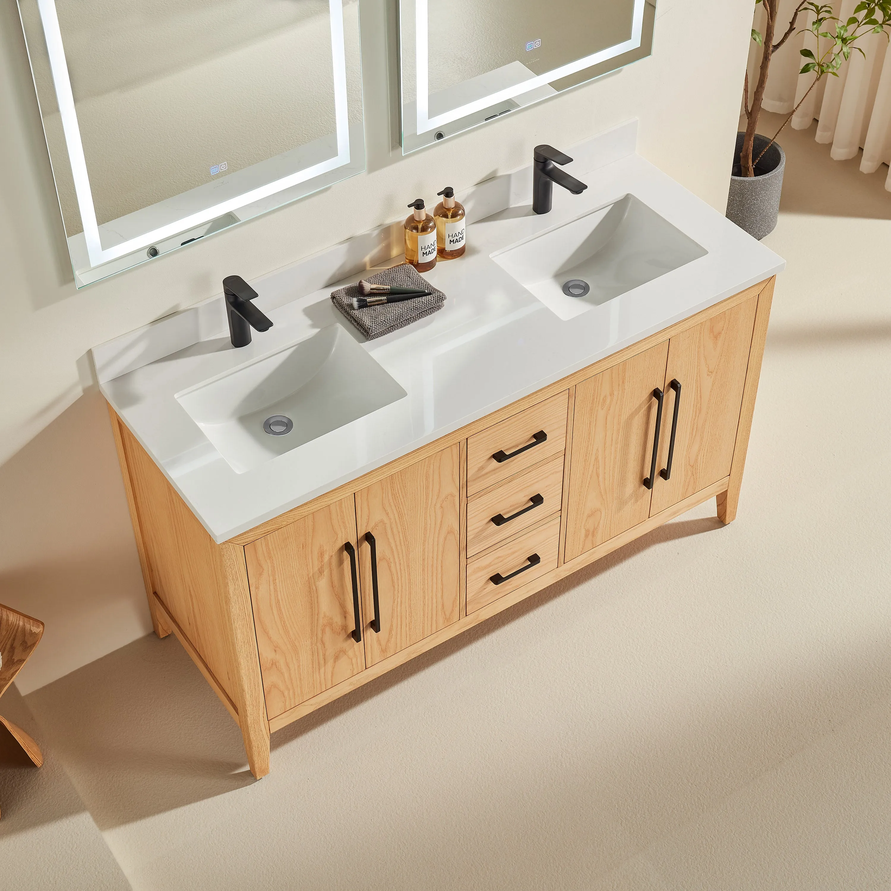 Lily - 60",Double Sink, White Oak , Floor Standing Modern Bathroom Vanity,Quartz Countertop