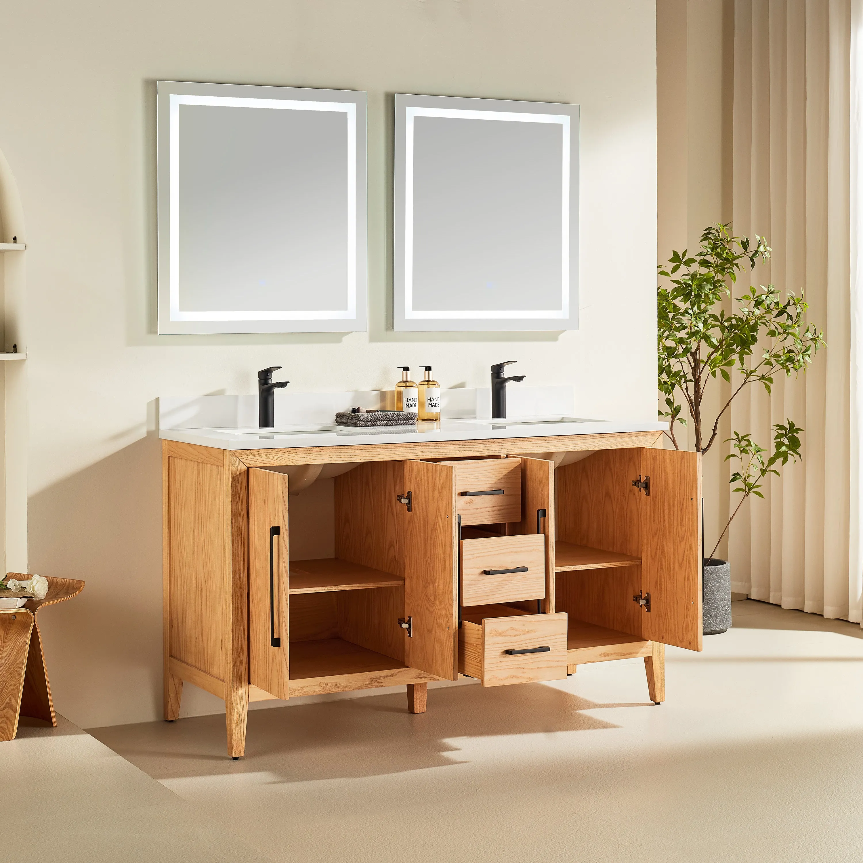 Lily - 60",Double Sink, White Oak , Floor Standing Modern Bathroom Vanity,Quartz Countertop