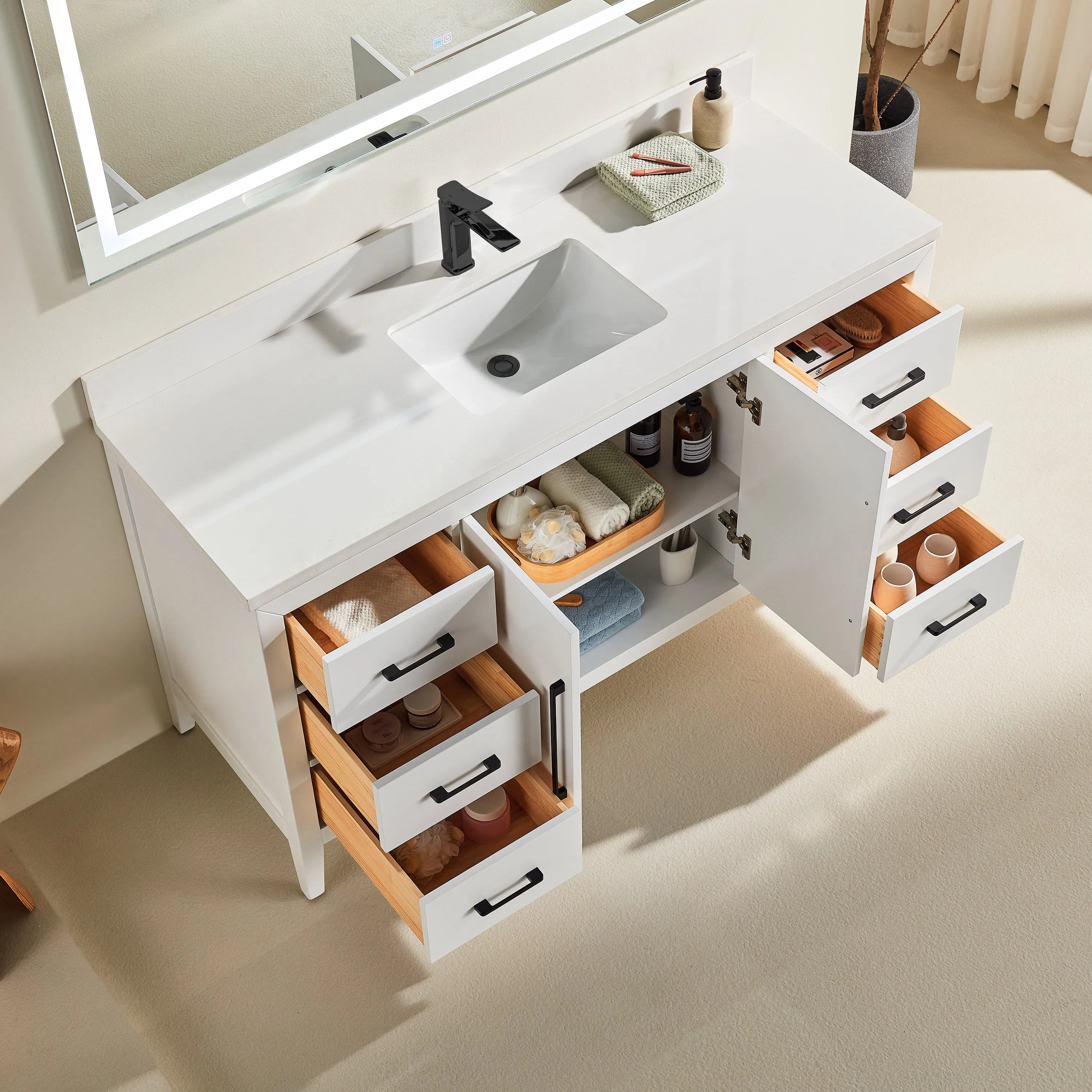 Lily - 60",Single Sink, White , Floor Standing Modern Bathroom Vanity, White Quartz Countertop