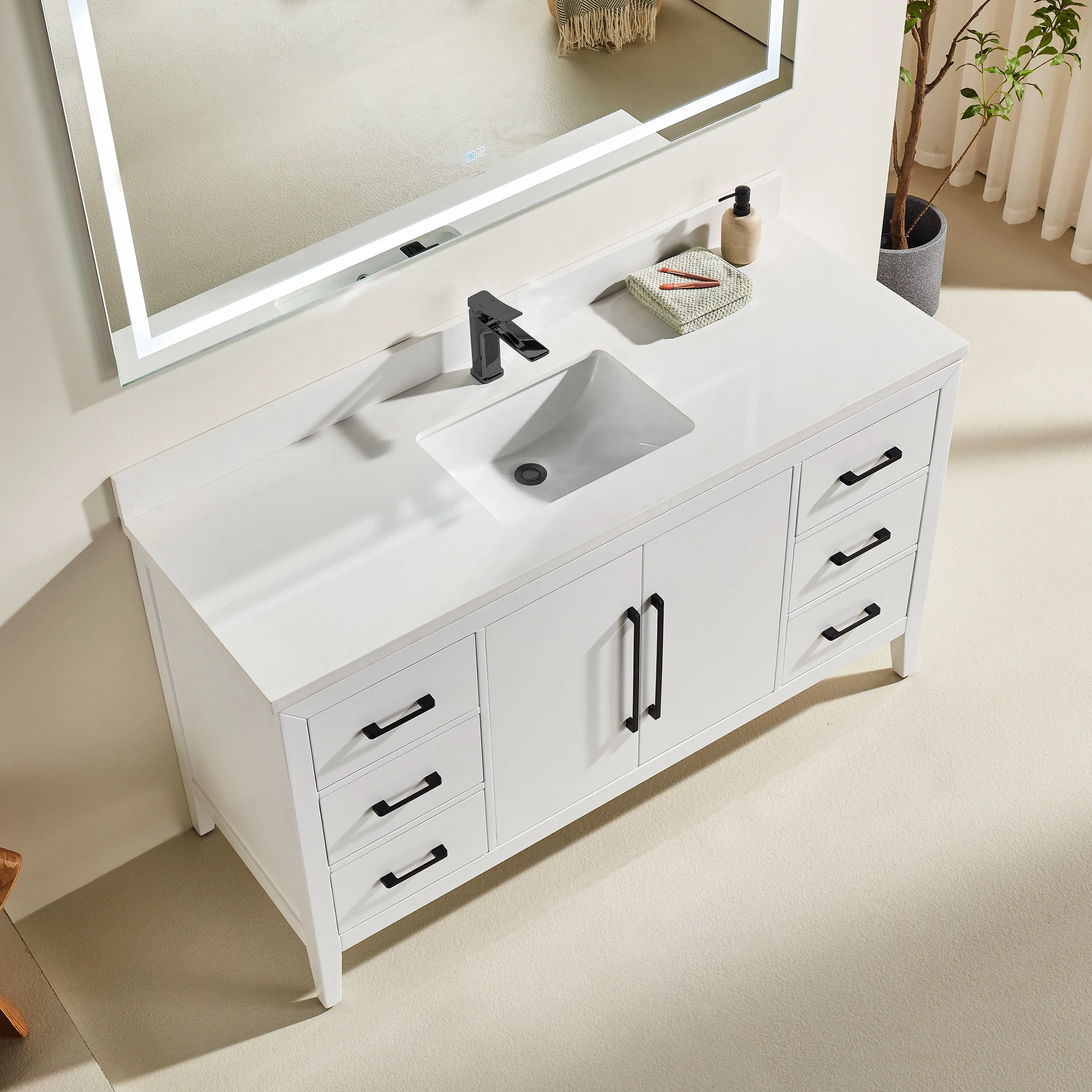 Lily - 60",Single Sink, White , Floor Standing Modern Bathroom Vanity, White Quartz Countertop