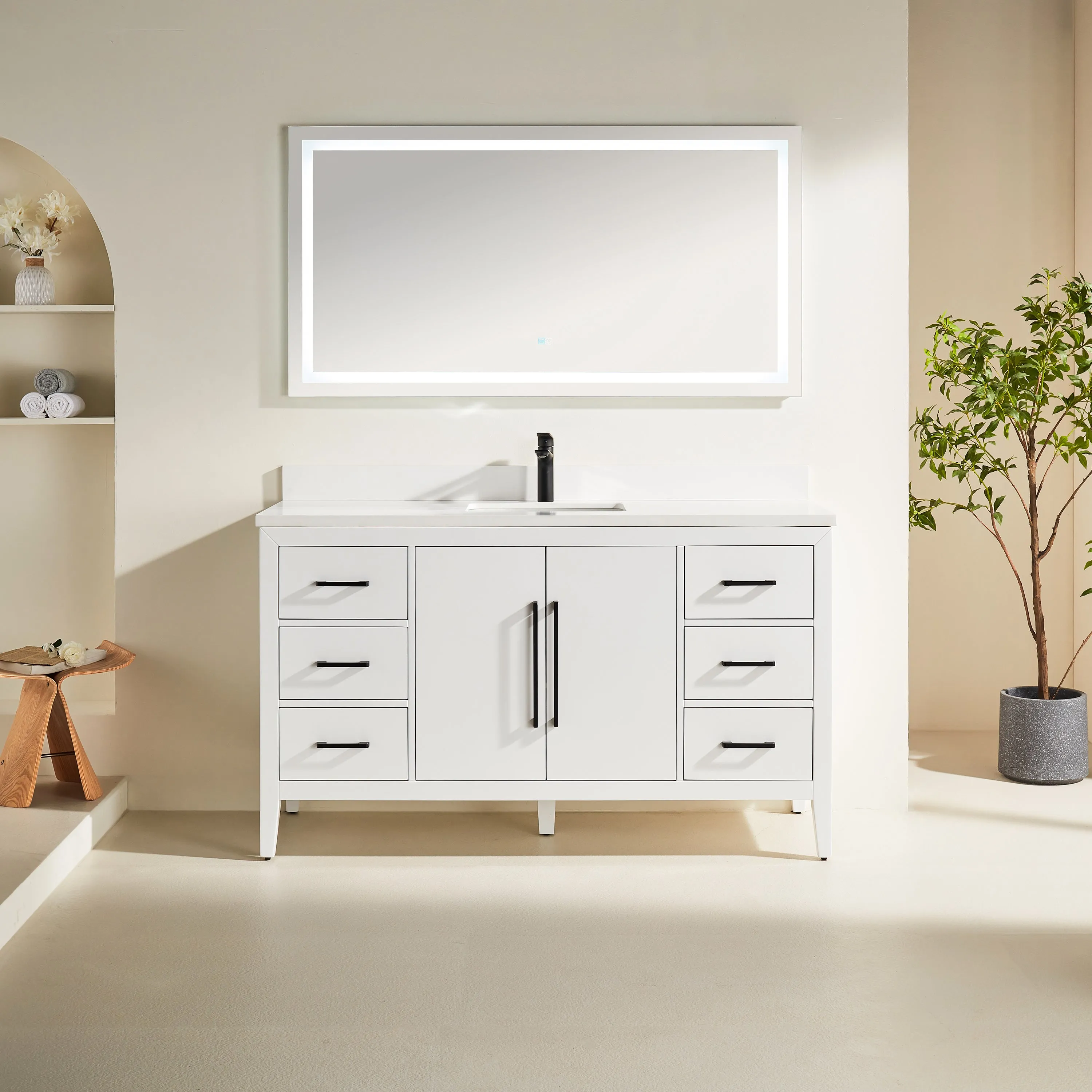 Lily - 60",Single Sink, White , Floor Standing Modern Bathroom Vanity, White Quartz Countertop