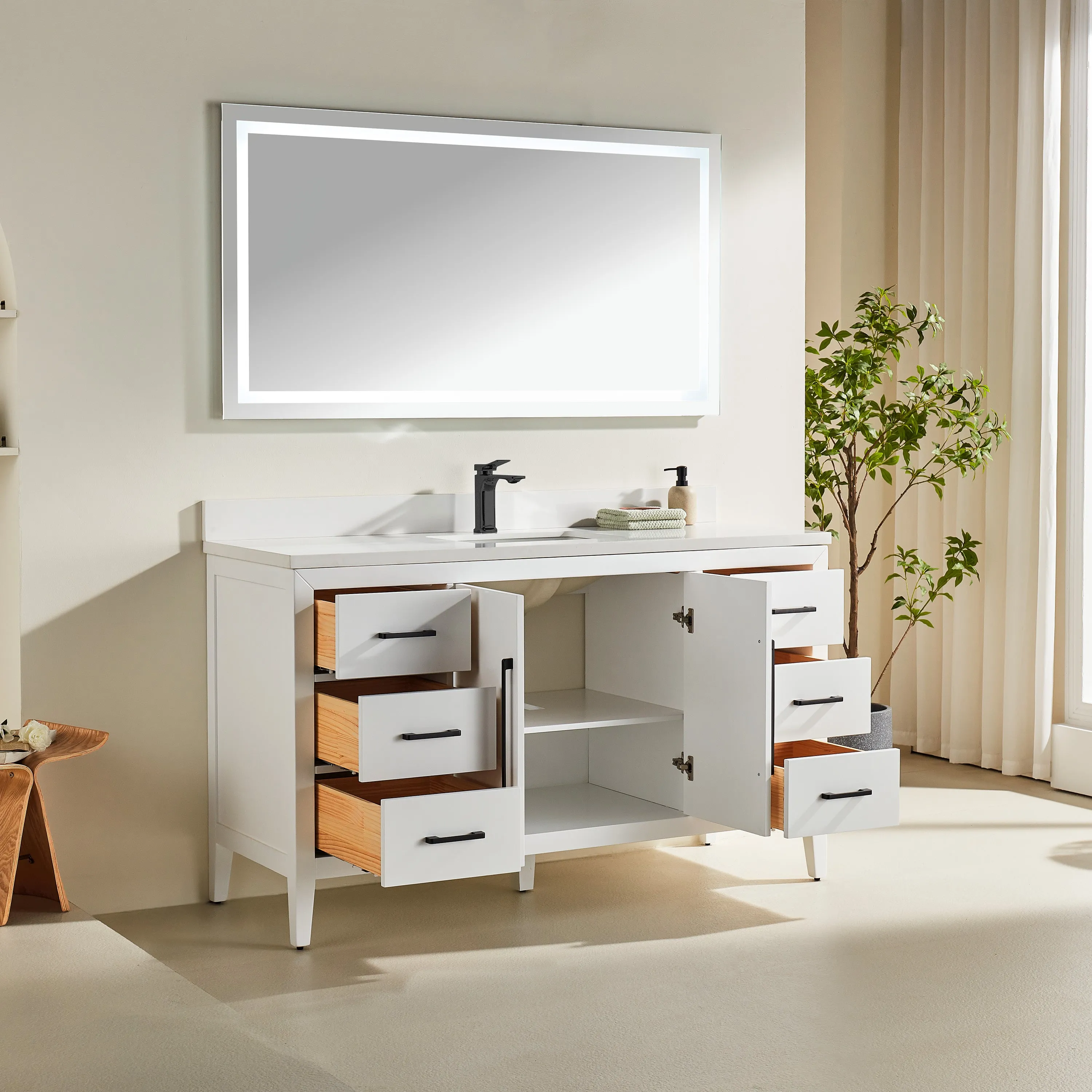 Lily - 60",Single Sink, White , Floor Standing Modern Bathroom Vanity, White Quartz Countertop